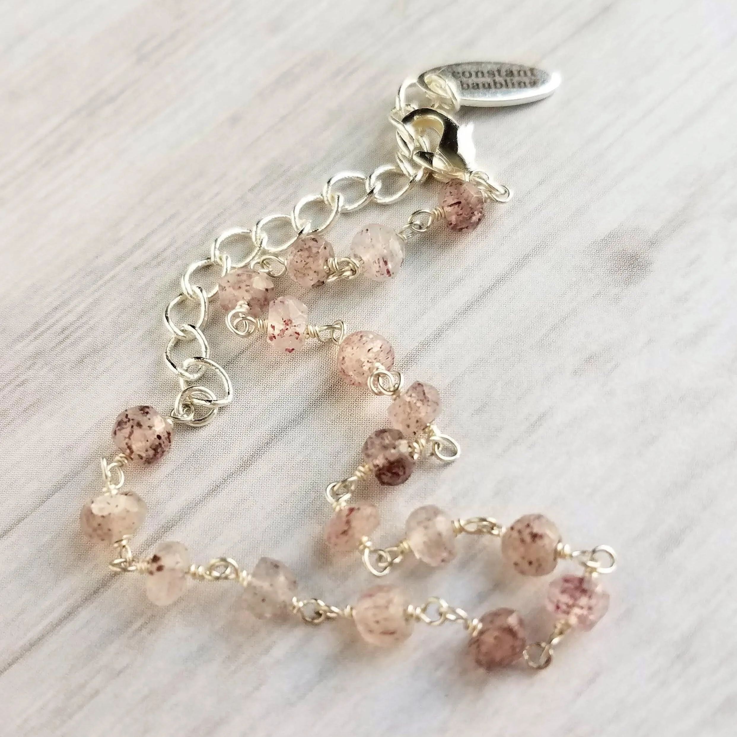 Strawberry Quartz Bracelet- pink tiny speckled pale gemstone w/ adjustable silver chain, love energy vibration, Aries stone, heart chakra