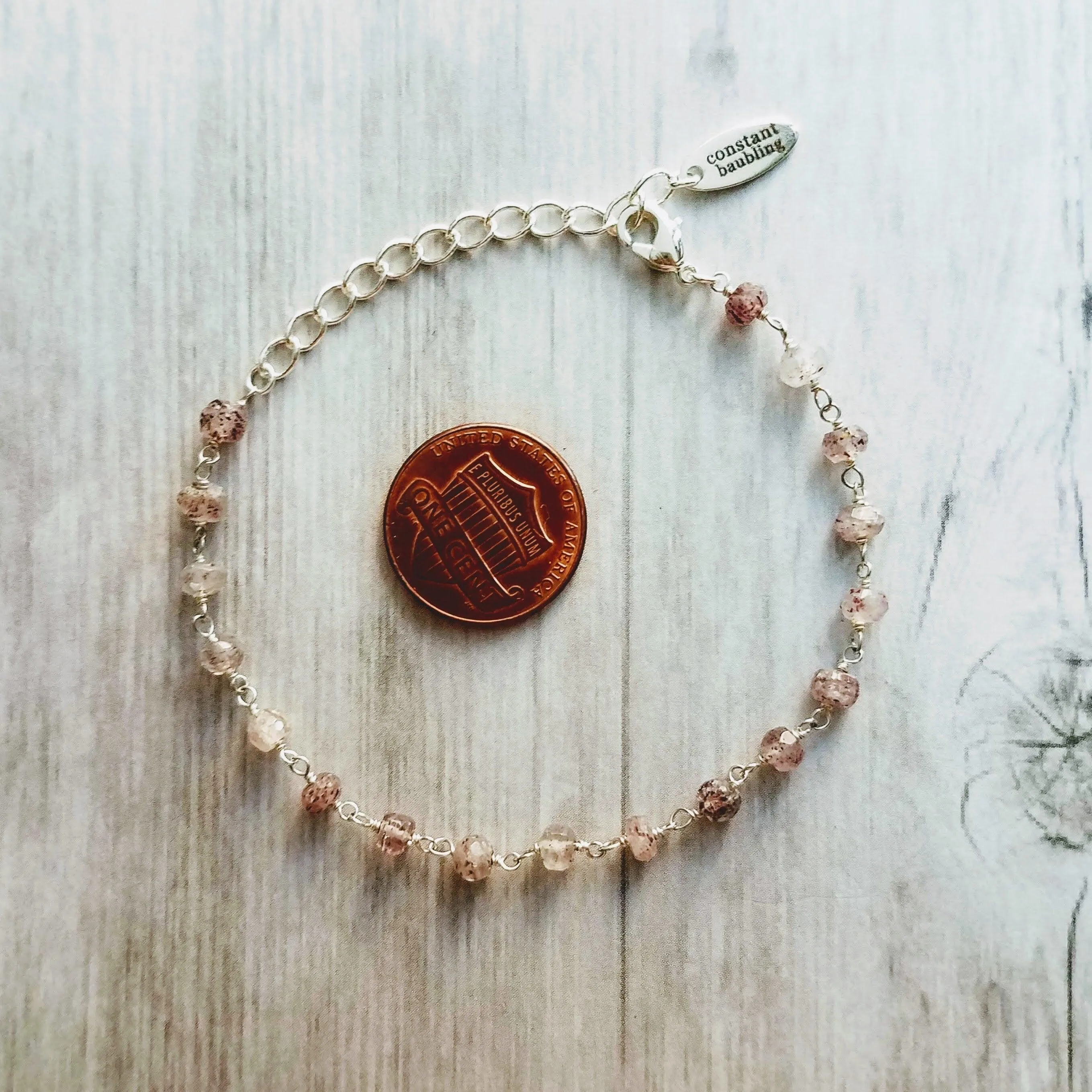 Strawberry Quartz Bracelet- pink tiny speckled pale gemstone w/ adjustable silver chain, love energy vibration, Aries stone, heart chakra