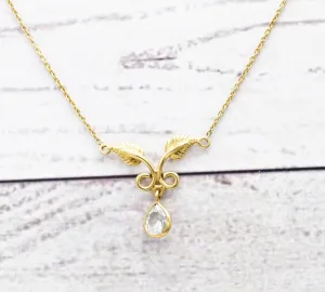 Stunning Natural White Sapphire Leaf Necklace