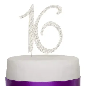 Sweet Sixteen 16 Silver Crystal Cake Topper
