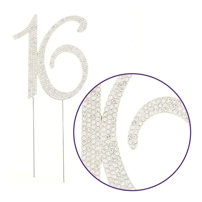 Sweet Sixteen 16 Silver Crystal Cake Topper