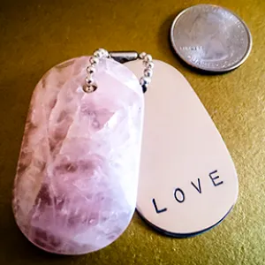 Talisman of Rose Quartz and Silver "LOVE" Stamped Goddess Tag Necklace