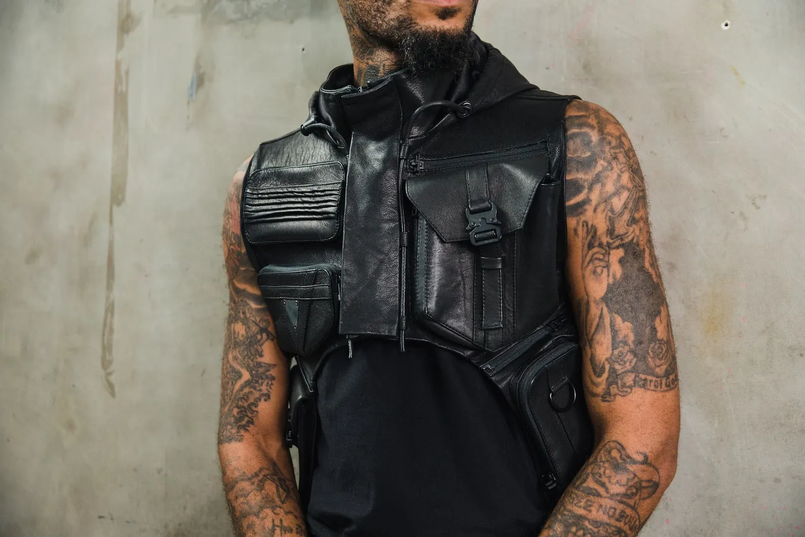 Tech9 Leather Hood with Shoulder Holsters  Vest