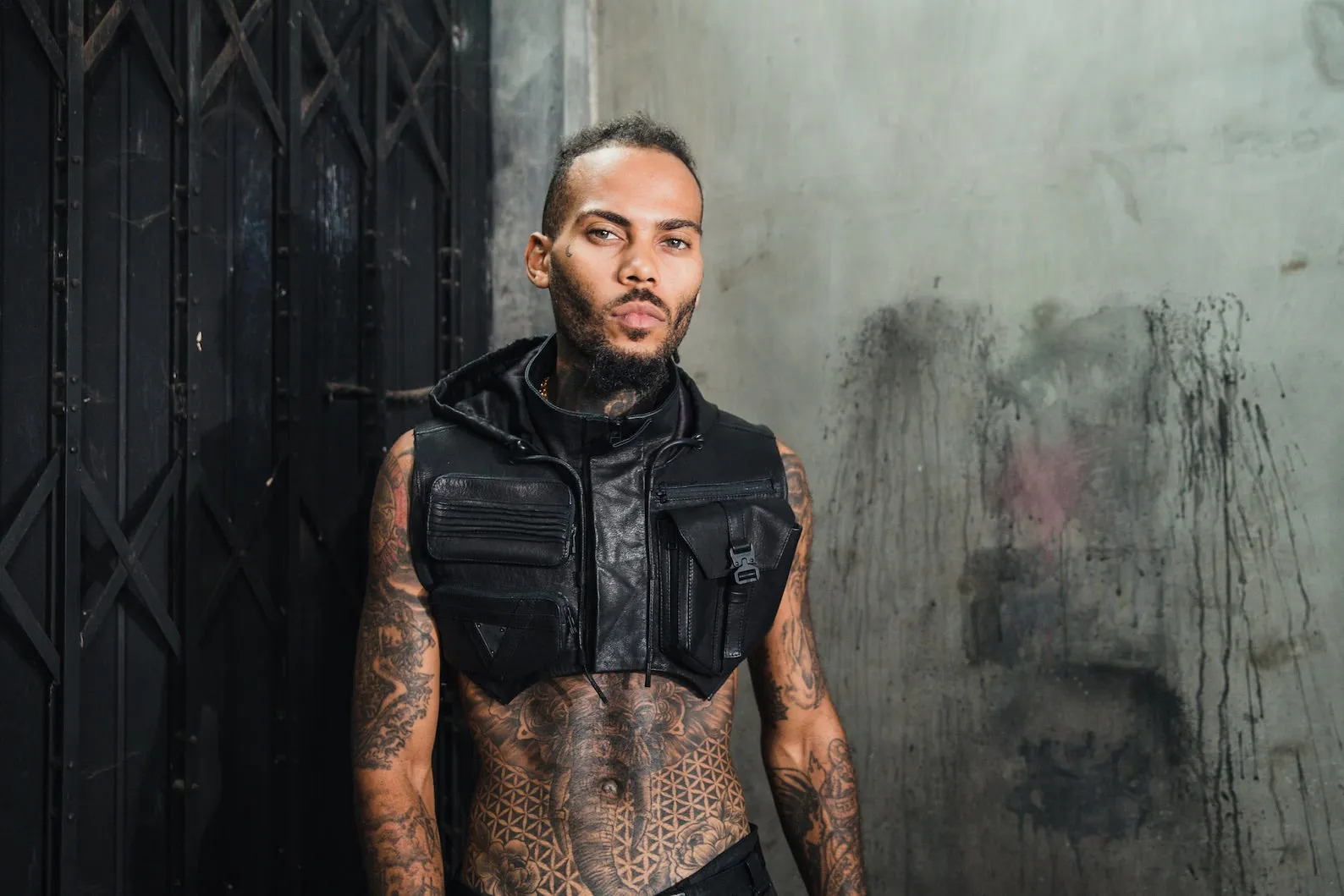 Tech9 Leather Hood with Shoulder Holsters  Vest