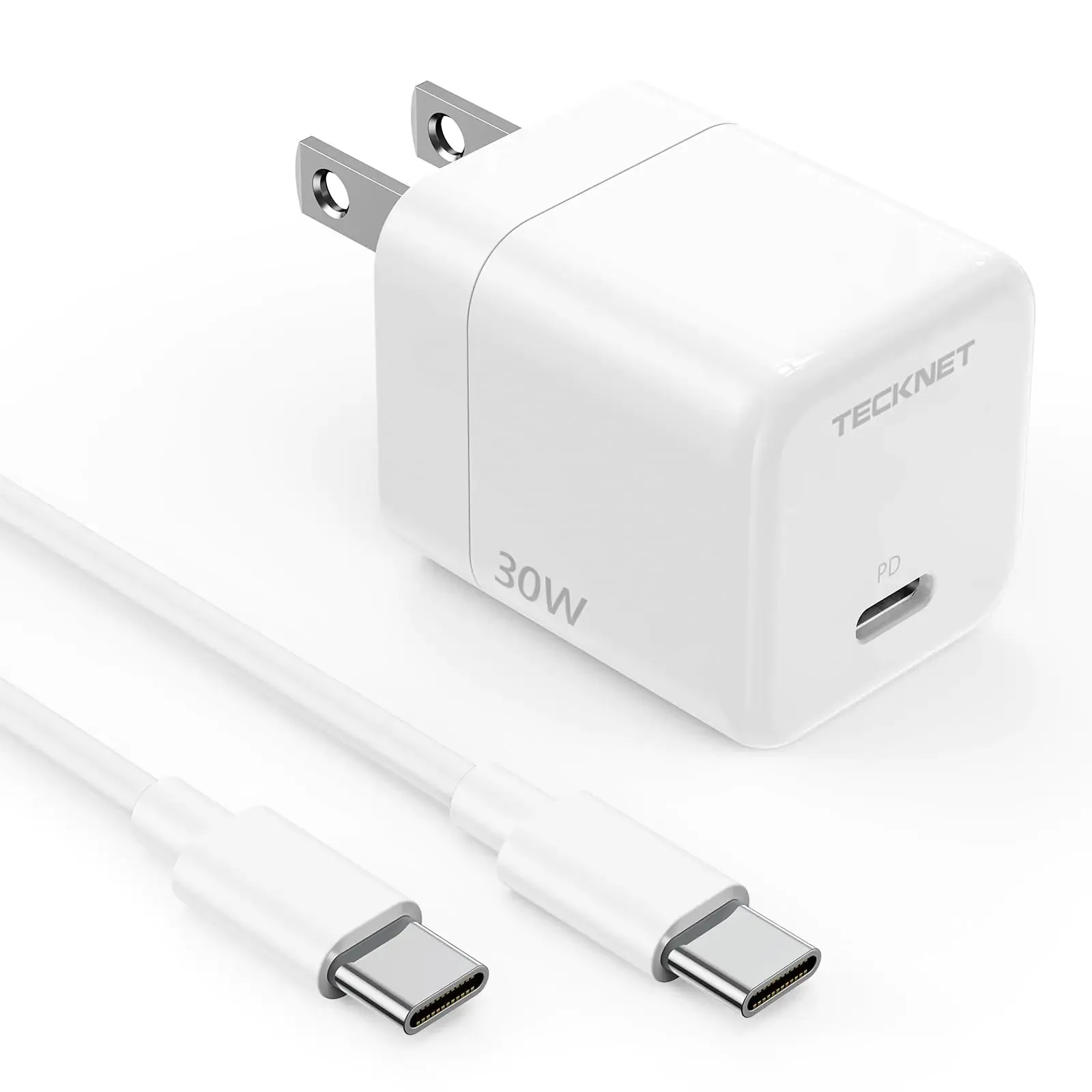 TECKNET USB C Charger Block Mini Foldable Plug Charger Fast Charging 30W PD Wall Charger with 5FT Type-C Cable for iPhone 15/16/16 Plus/16 Pro/16 Pro Max Pixel Galaxy iPad/iPad Mini and More