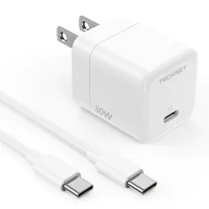 TECKNET USB C Charger Block Mini Foldable Plug Charger Fast Charging 30W PD Wall Charger with 5FT Type-C Cable for iPhone 15/16/16 Plus/16 Pro/16 Pro Max Pixel Galaxy iPad/iPad Mini and More