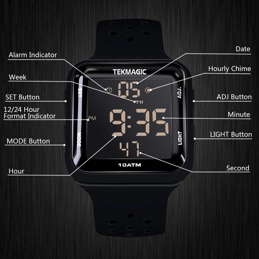 TEKMAGIC 100m Water Resistant Scuba Diving Watch with Stopwatch, Alarm Clock Functions, Dual Time Display, 12/24 Hour Format