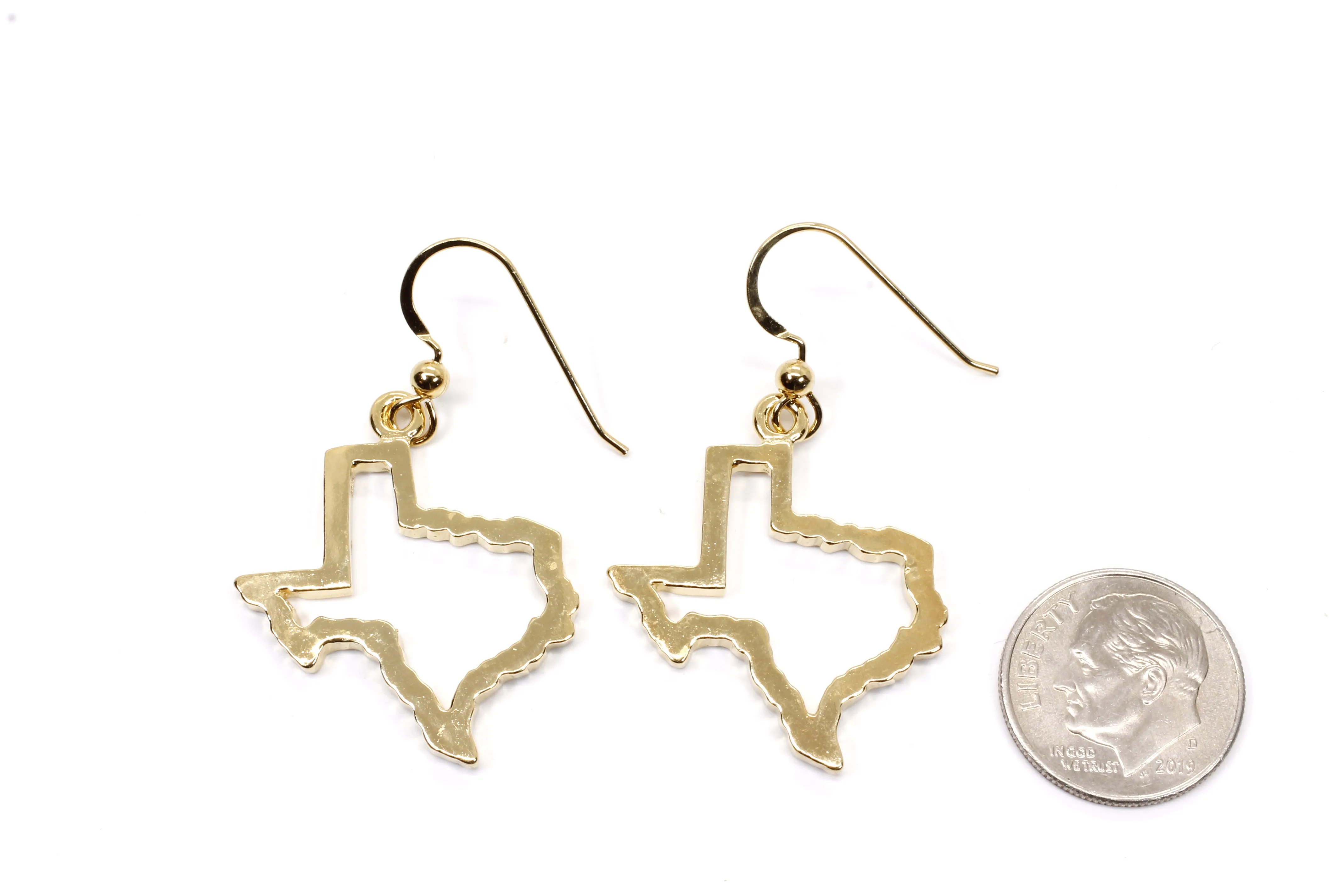 Texas Earrings for her with Lone Star State of Texas Silhoutte Outline in Gold Vermeil