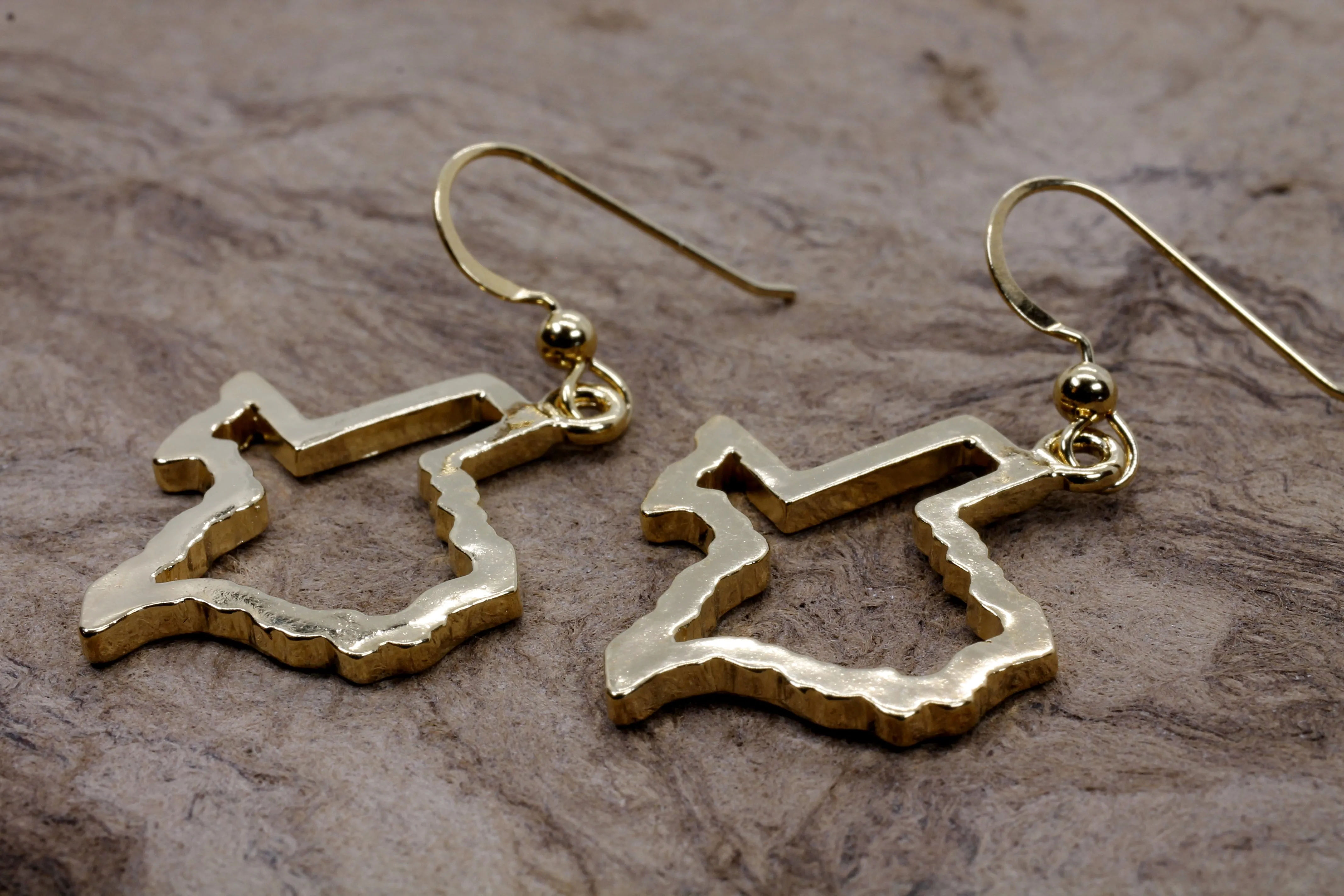 Texas Earrings for her with Lone Star State of Texas Silhoutte Outline in Gold Vermeil