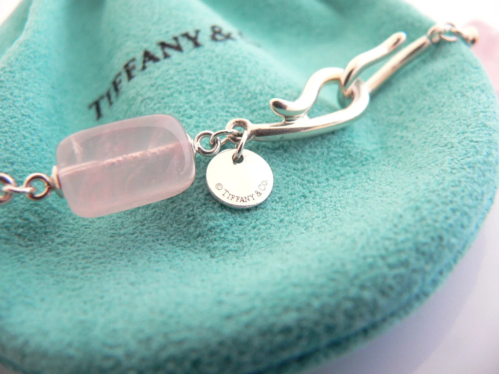 Tiffany & Co Pink Quartz Necklace Rose Twirl Pendant Charm Chain Silver Gift Art