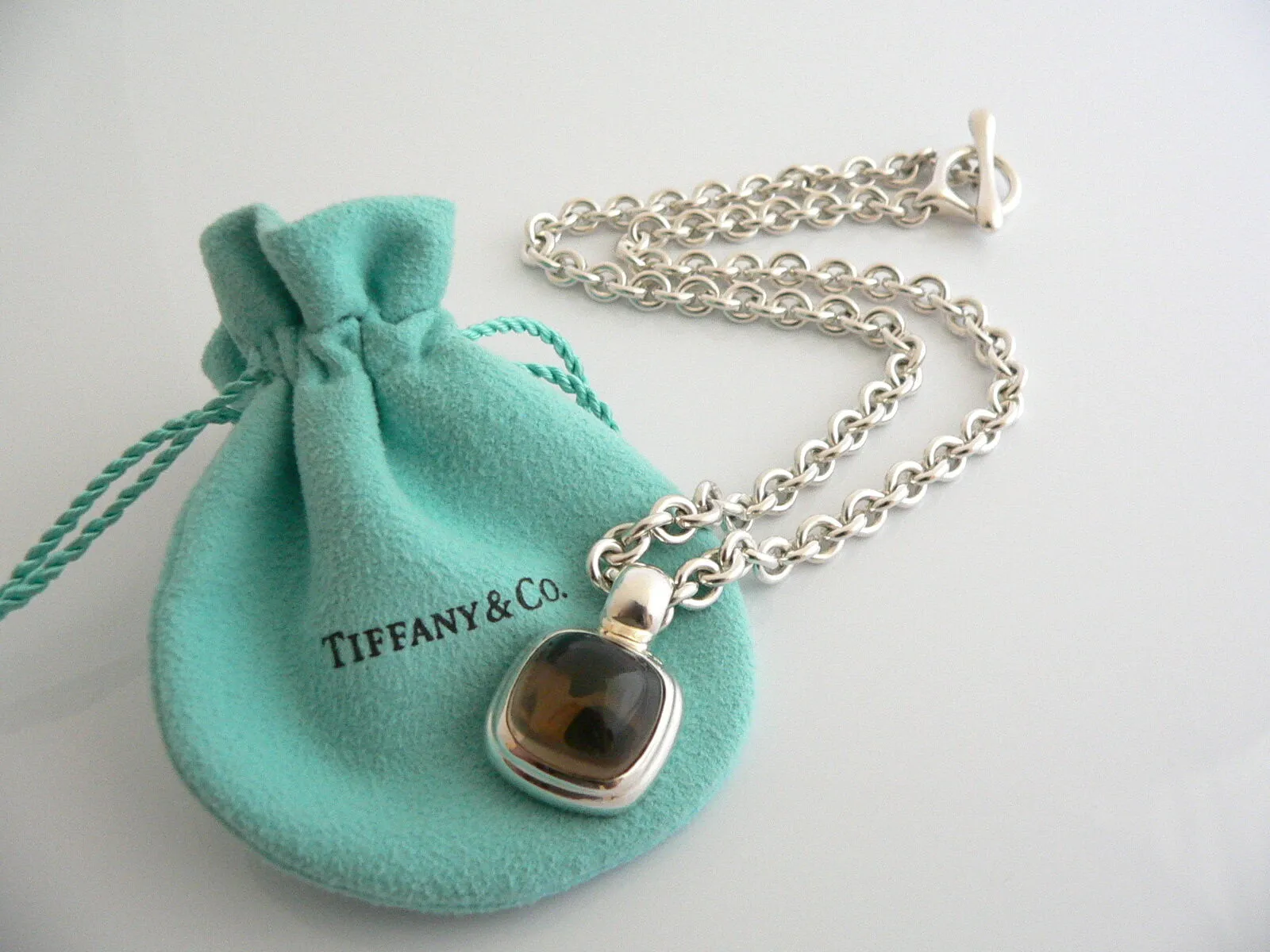Tiffany & Co Silver Gemstone Toggle Necklace Smoky Quartz Pendant Clasp Gift Art