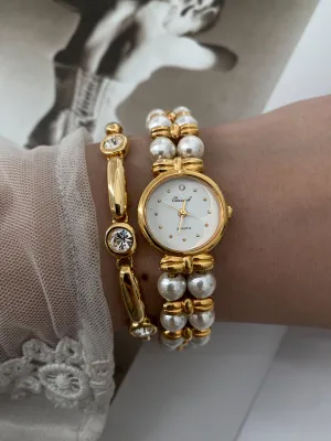 Timeless Gold Tone Osirock Faux Pearls Vintage Watch