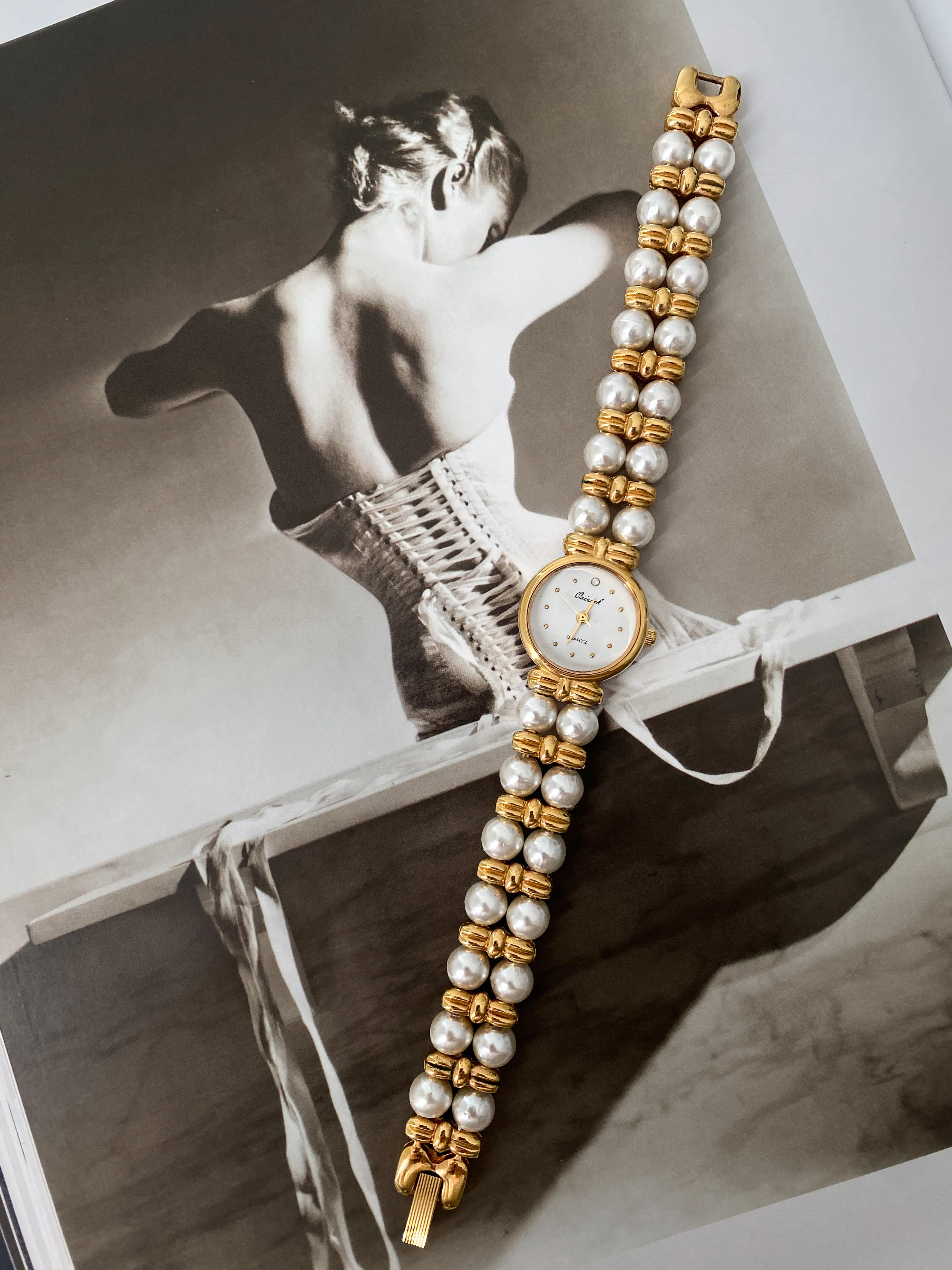 Timeless Gold Tone Osirock Faux Pearls Vintage Watch