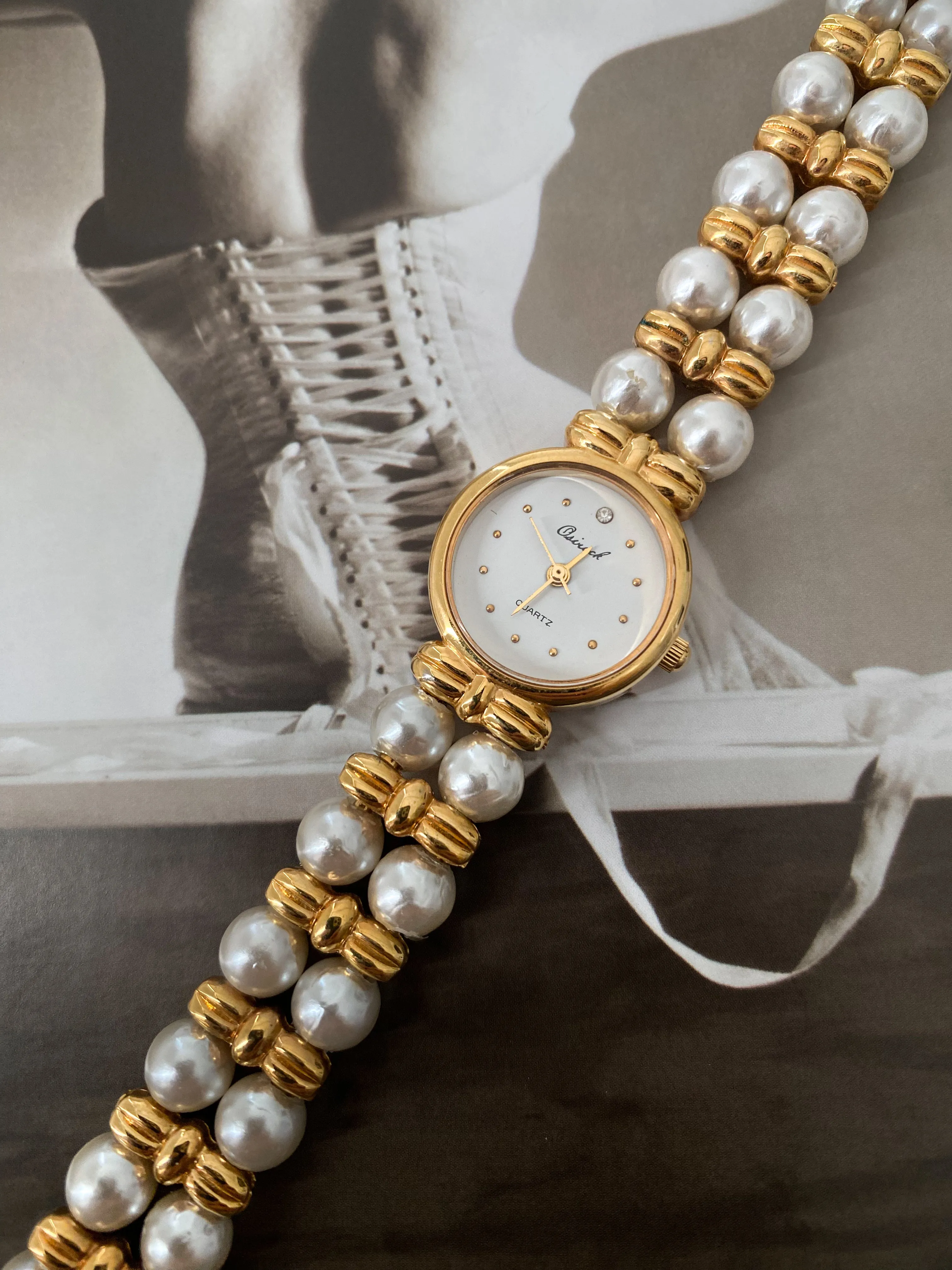 Timeless Gold Tone Osirock Faux Pearls Vintage Watch