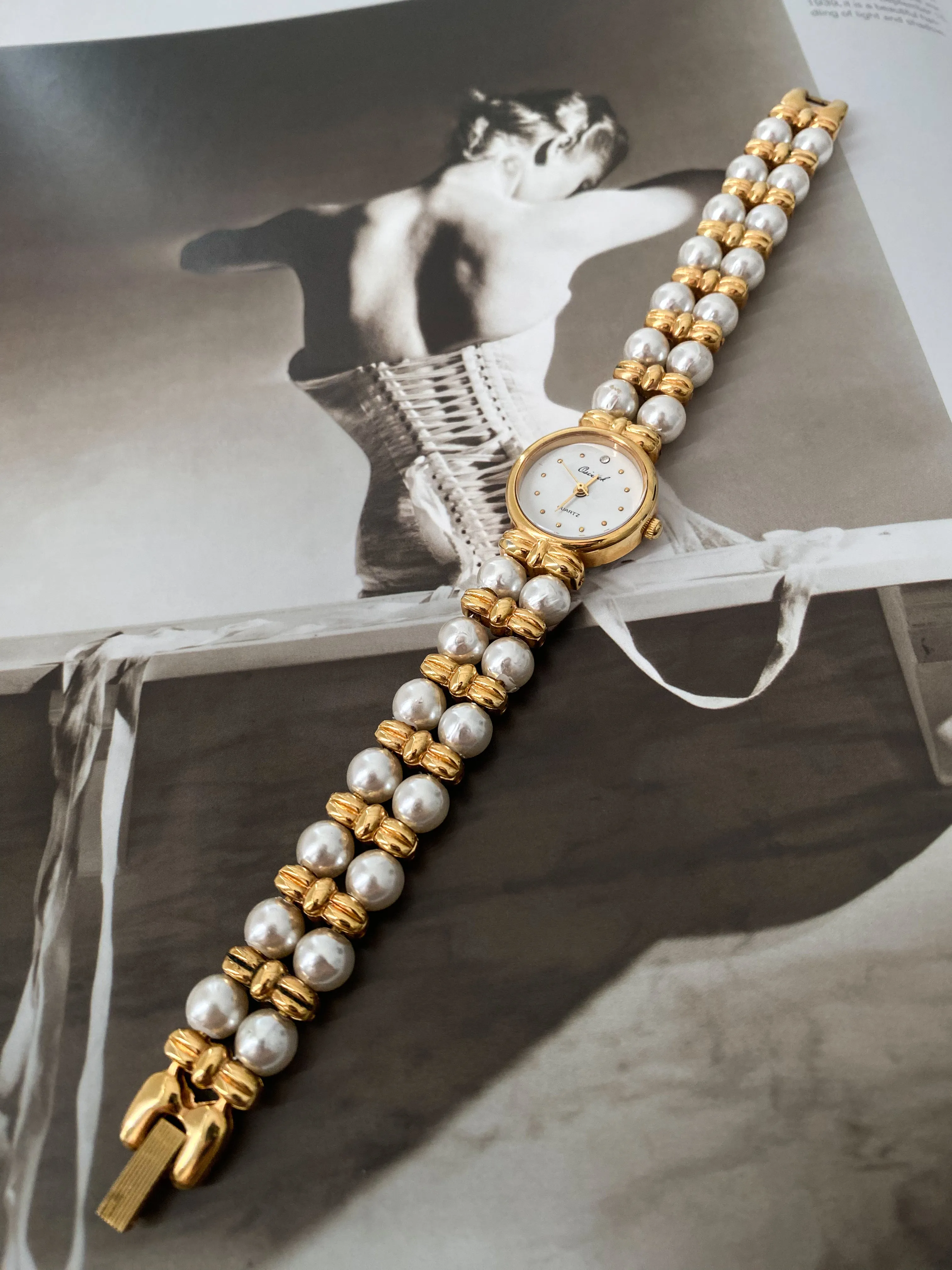 Timeless Gold Tone Osirock Faux Pearls Vintage Watch