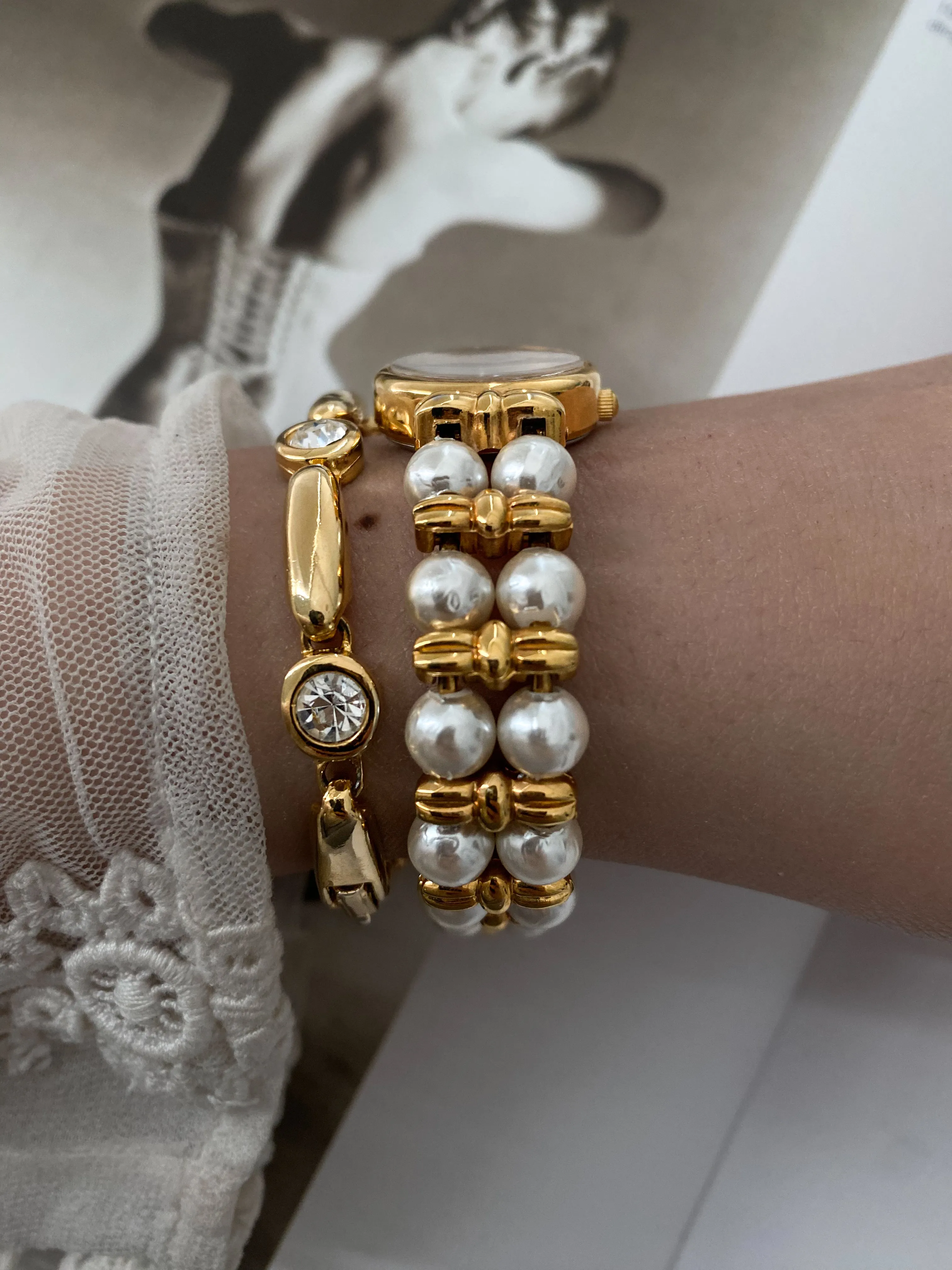 Timeless Gold Tone Osirock Faux Pearls Vintage Watch