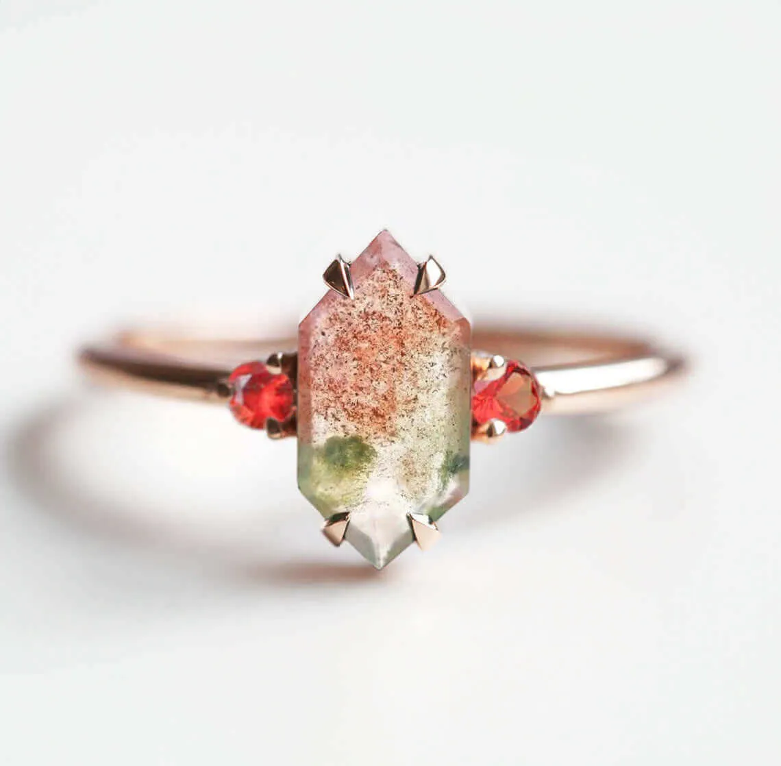Trendolla 18K Gold Diamond Moss Agate And Red CZ Diamond Ring Set