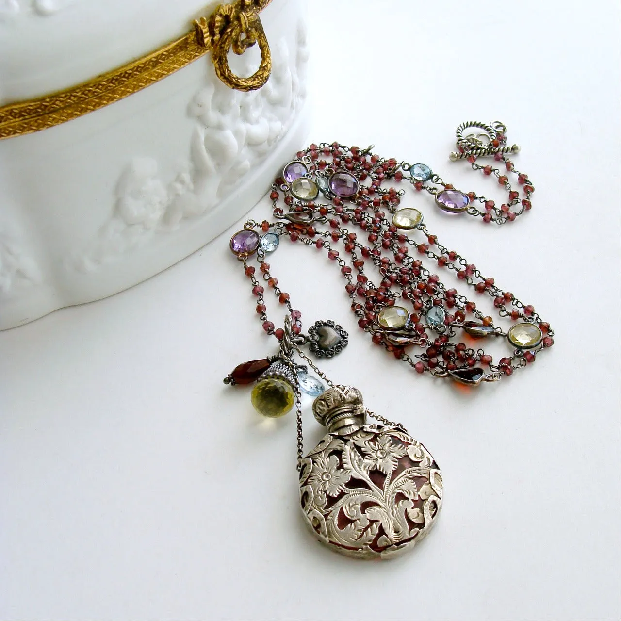 Triple Strand Garnet Necklace Amethyst Glass Silver Foliate Chatelaine Scent Bottle - Gisela III Necklace