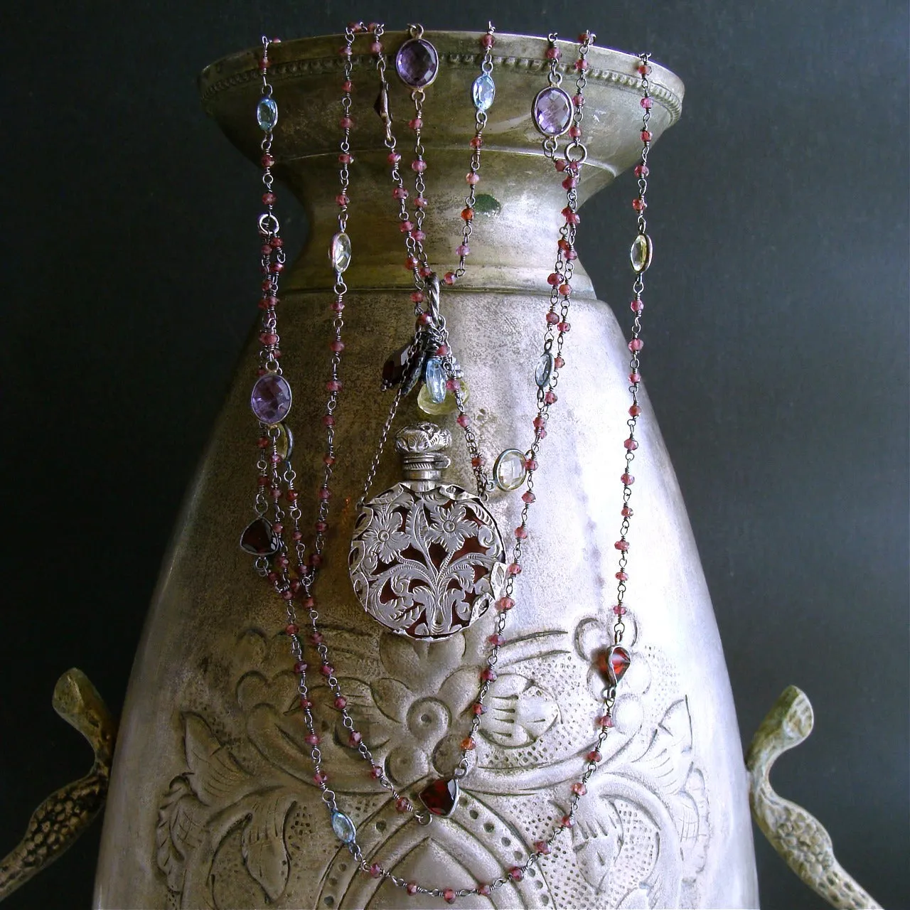 Triple Strand Garnet Necklace Amethyst Glass Silver Foliate Chatelaine Scent Bottle - Gisela III Necklace