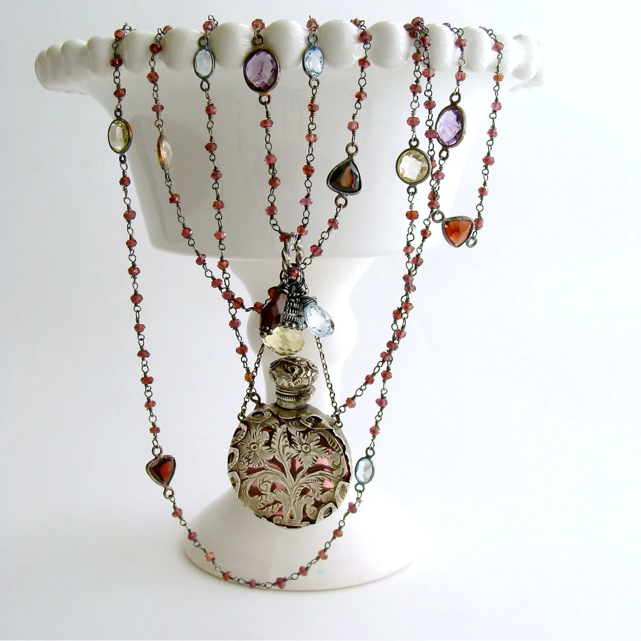 Triple Strand Garnet Necklace Amethyst Glass Silver Foliate Chatelaine Scent Bottle - Gisela III Necklace