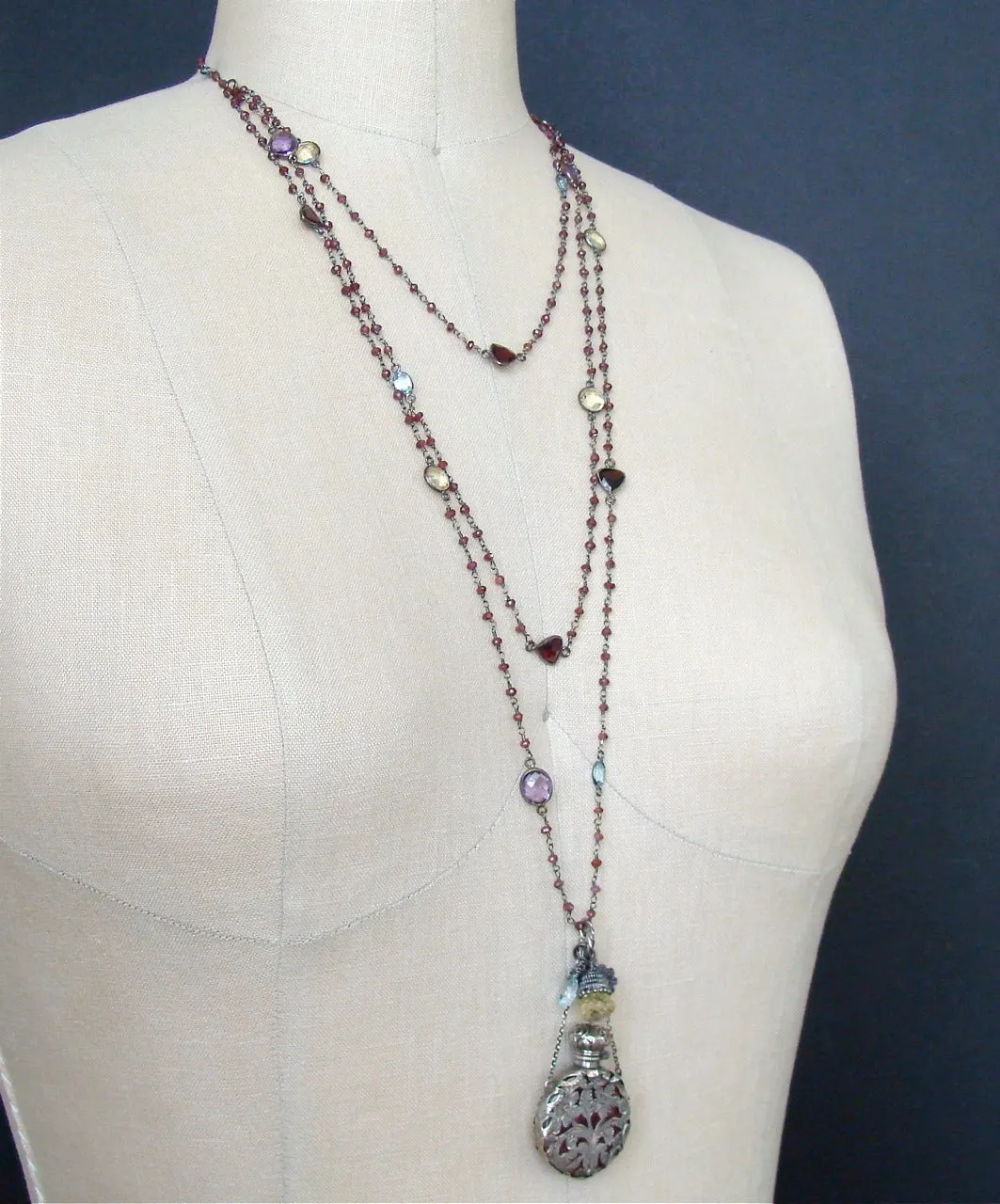 Triple Strand Garnet Necklace Amethyst Glass Silver Foliate Chatelaine Scent Bottle - Gisela III Necklace
