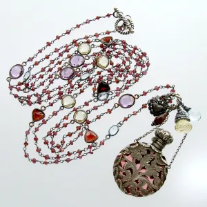 Triple Strand Garnet Necklace Amethyst Glass Silver Foliate Chatelaine Scent Bottle - Gisela III Necklace