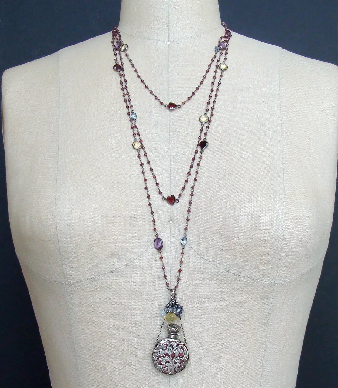 Triple Strand Garnet Necklace Amethyst Glass Silver Foliate Chatelaine Scent Bottle - Gisela III Necklace