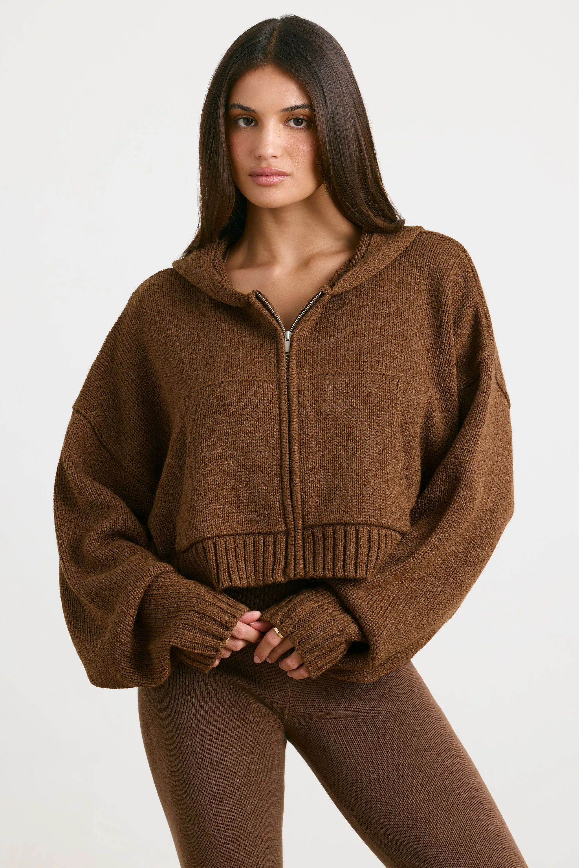 True - Cropped Zip Up Chunky Knit Hoodie in Espresso