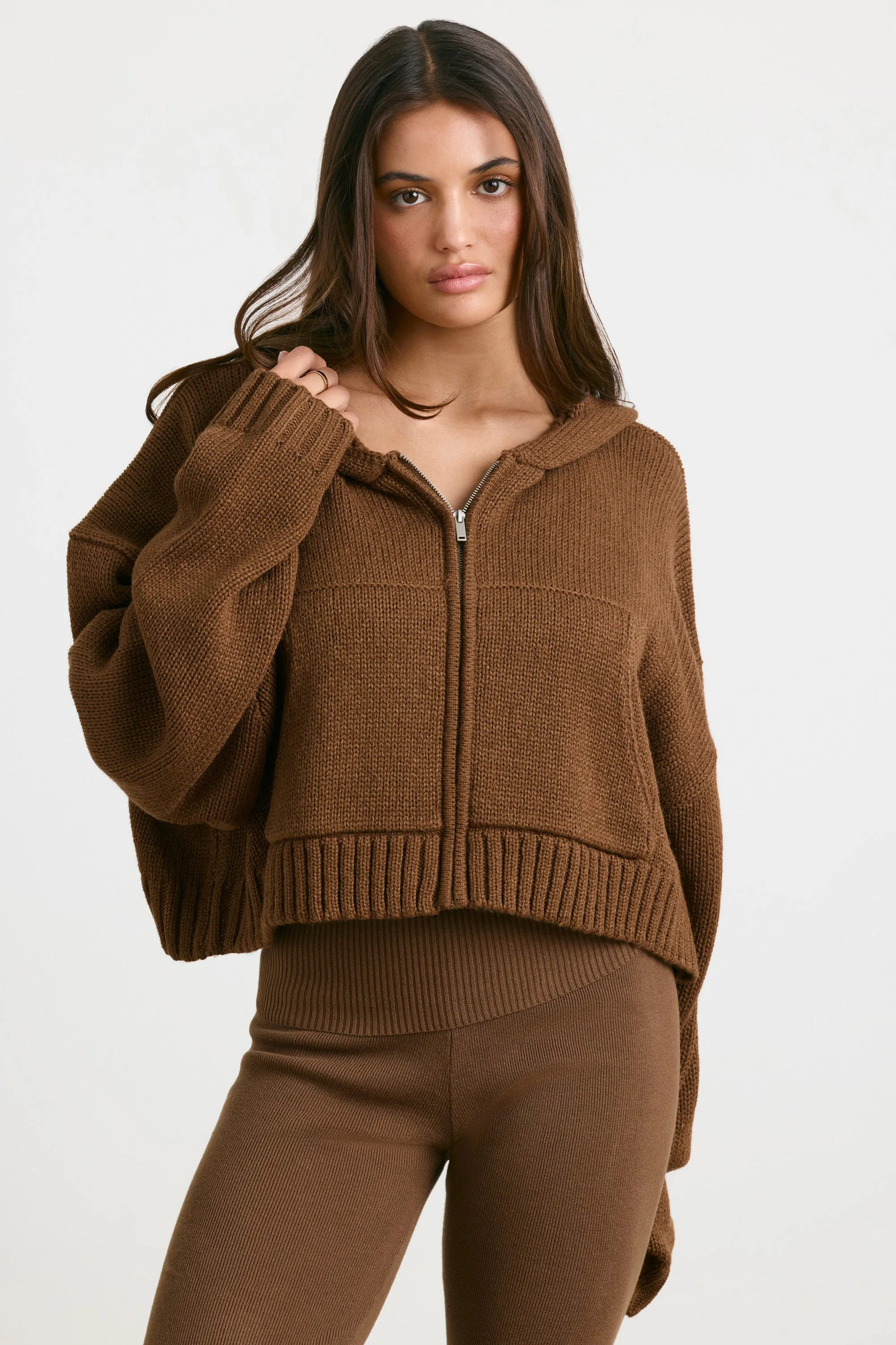 True - Cropped Zip Up Chunky Knit Hoodie in Espresso