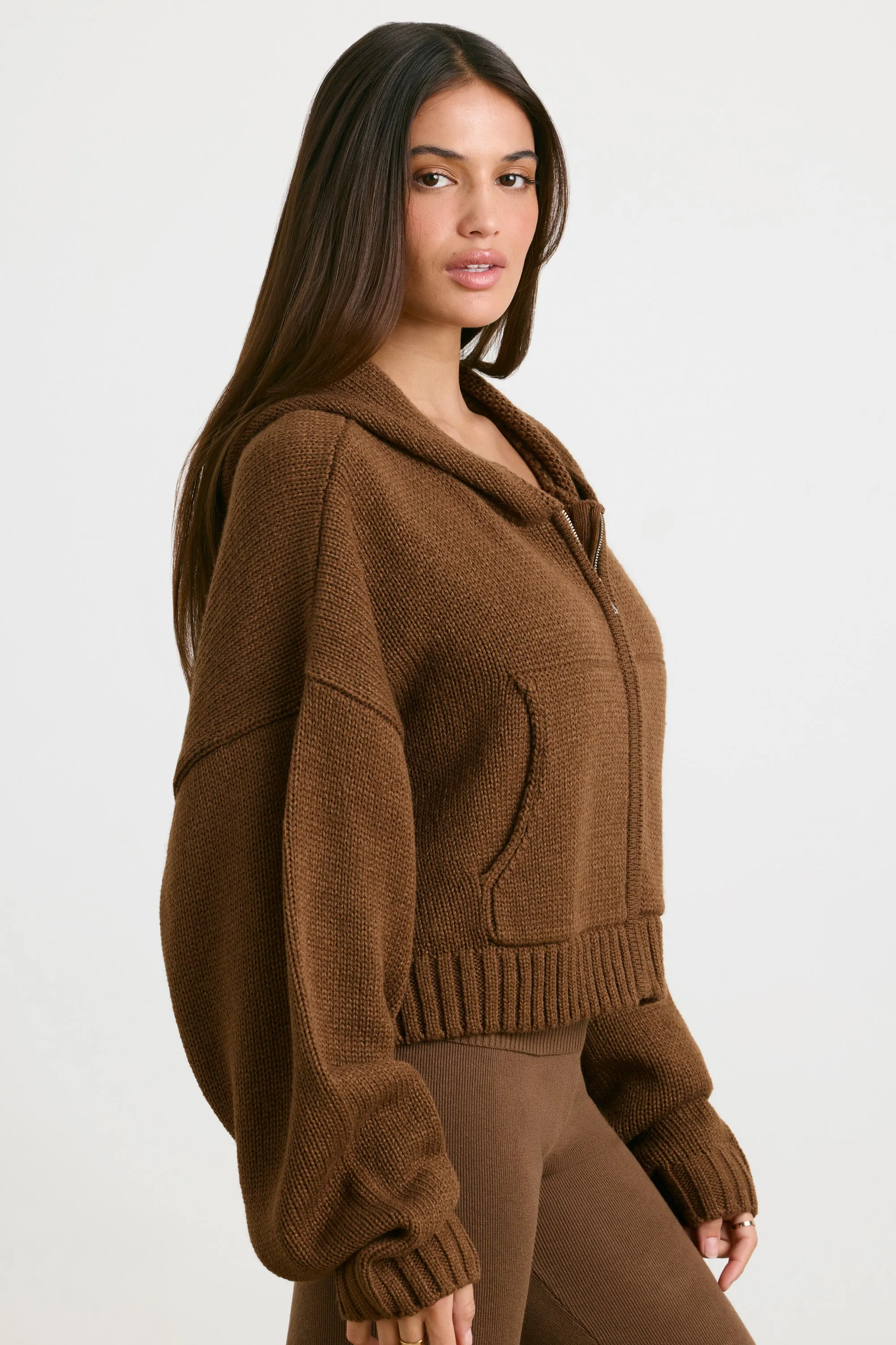 True - Cropped Zip Up Chunky Knit Hoodie in Espresso