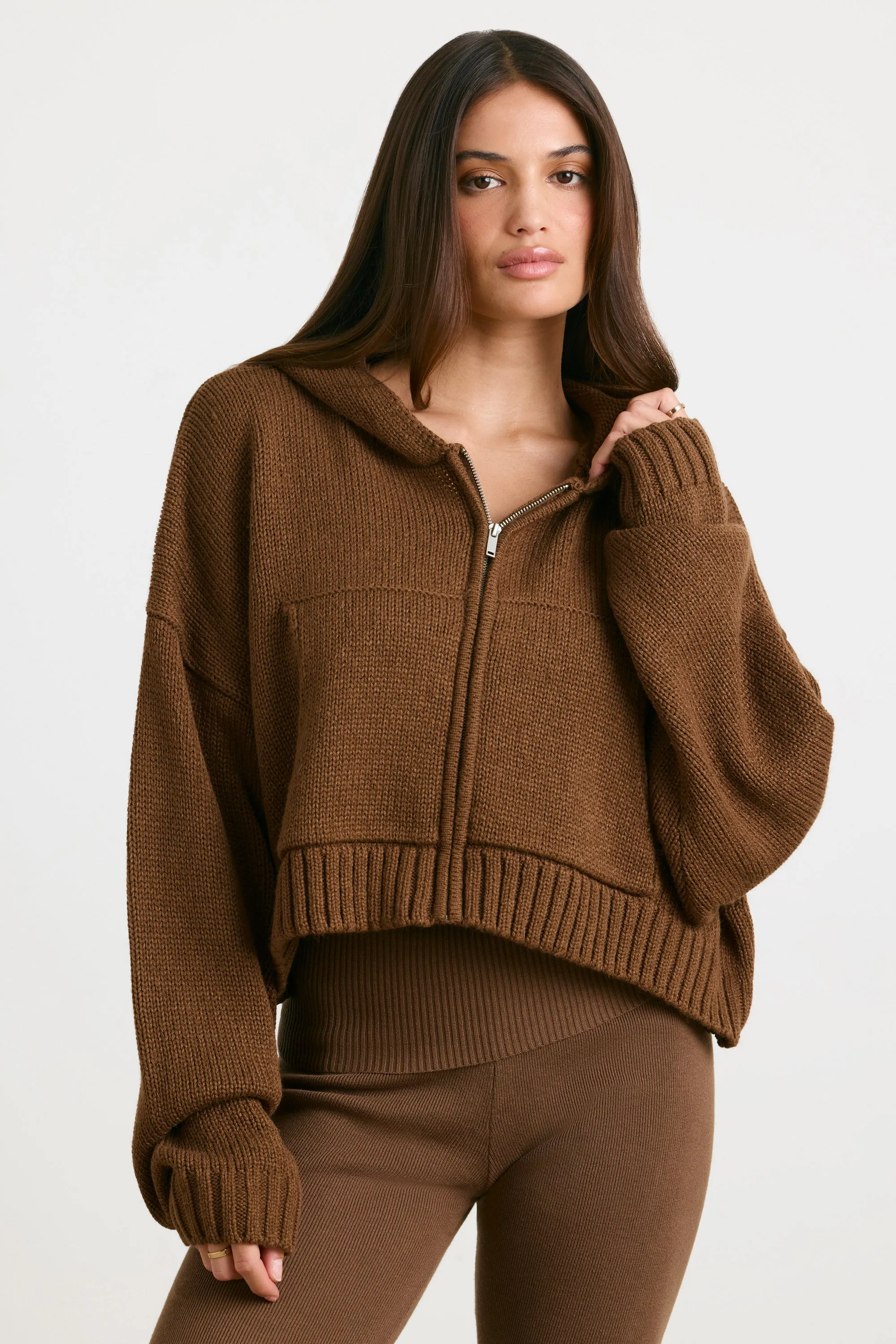 True - Cropped Zip Up Chunky Knit Hoodie in Espresso
