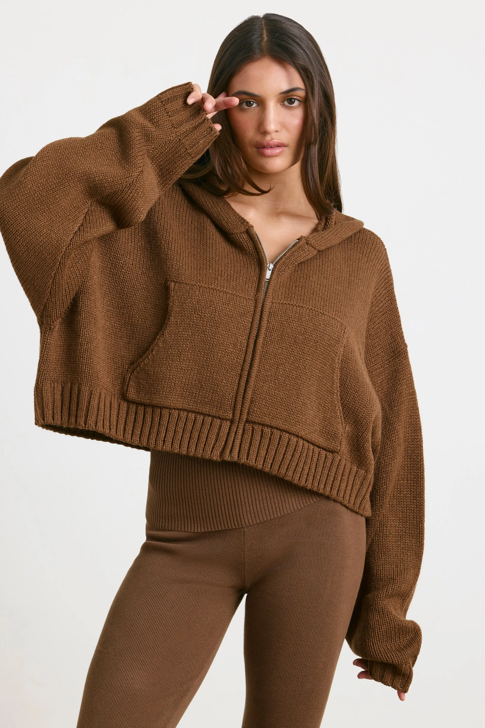 True - Cropped Zip Up Chunky Knit Hoodie in Espresso