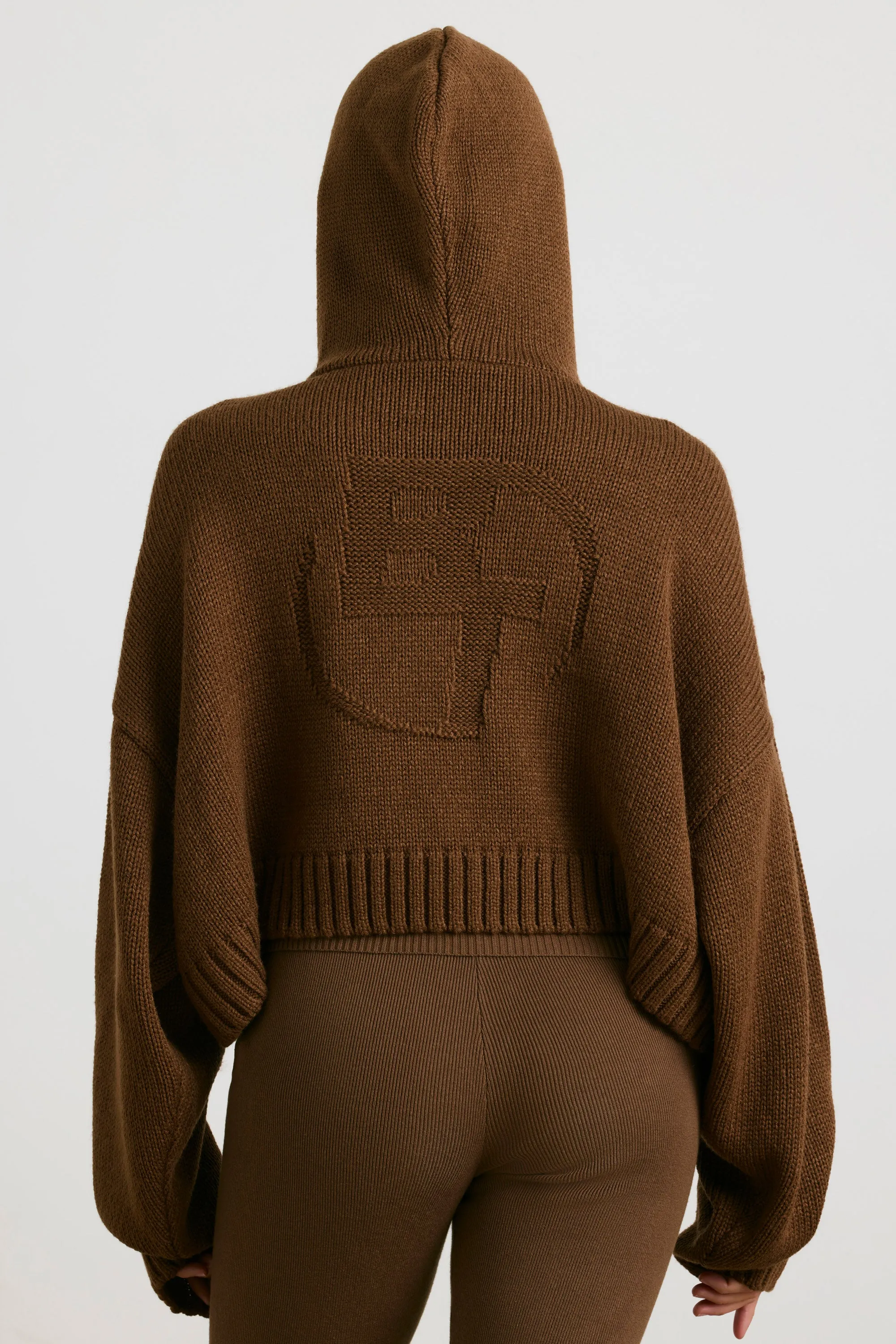 True - Cropped Zip Up Chunky Knit Hoodie in Espresso