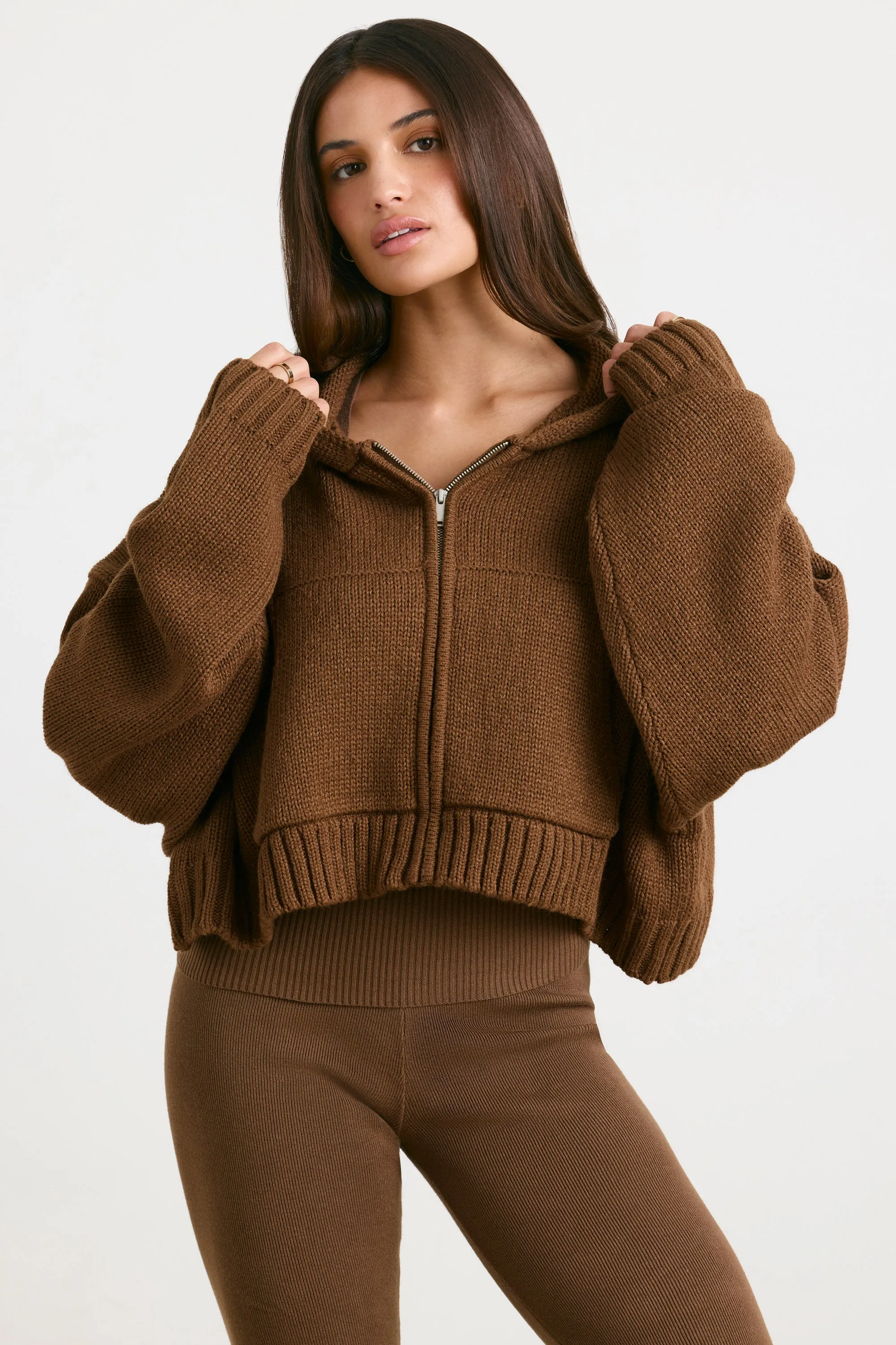 True - Cropped Zip Up Chunky Knit Hoodie in Espresso