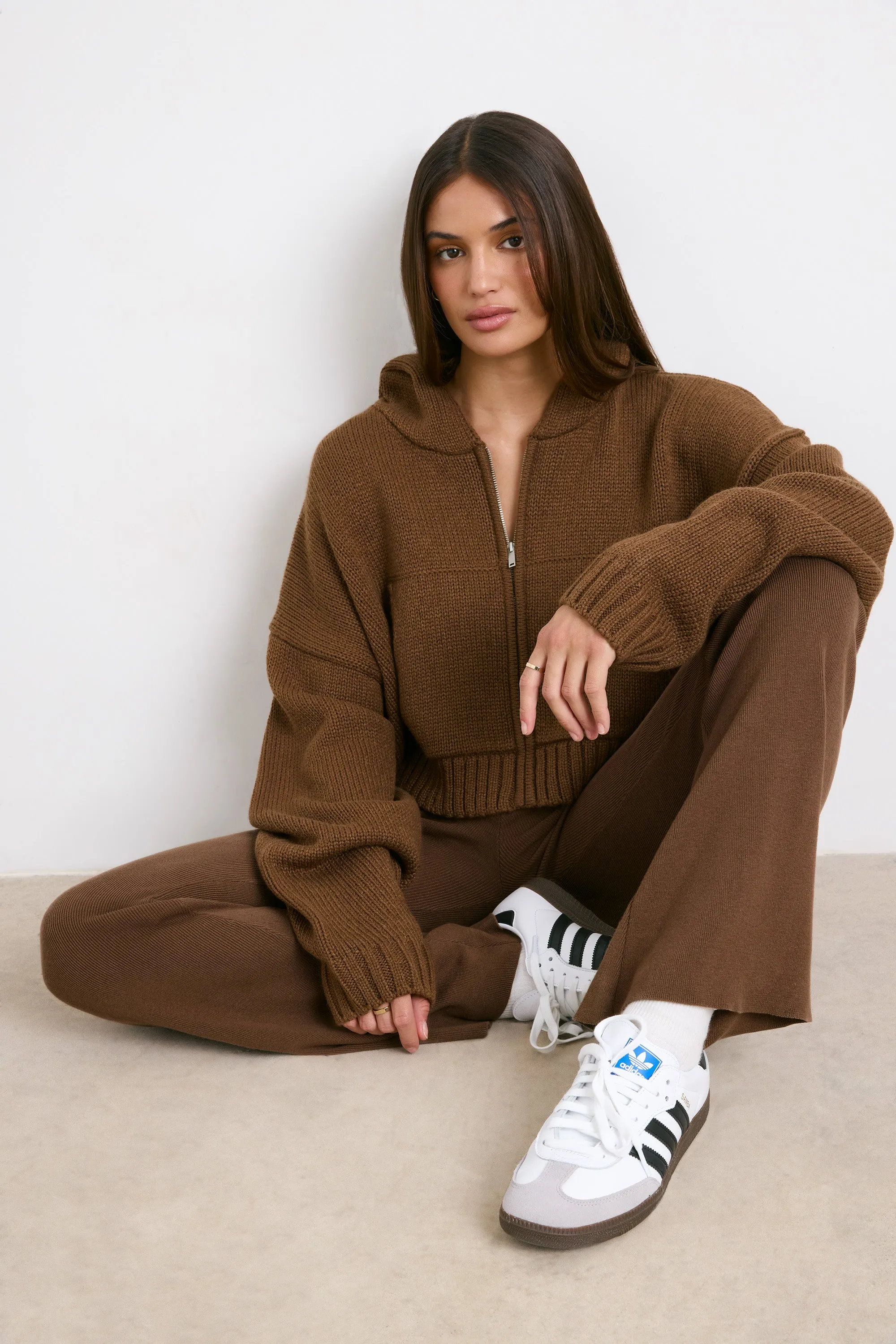 True - Cropped Zip Up Chunky Knit Hoodie in Espresso