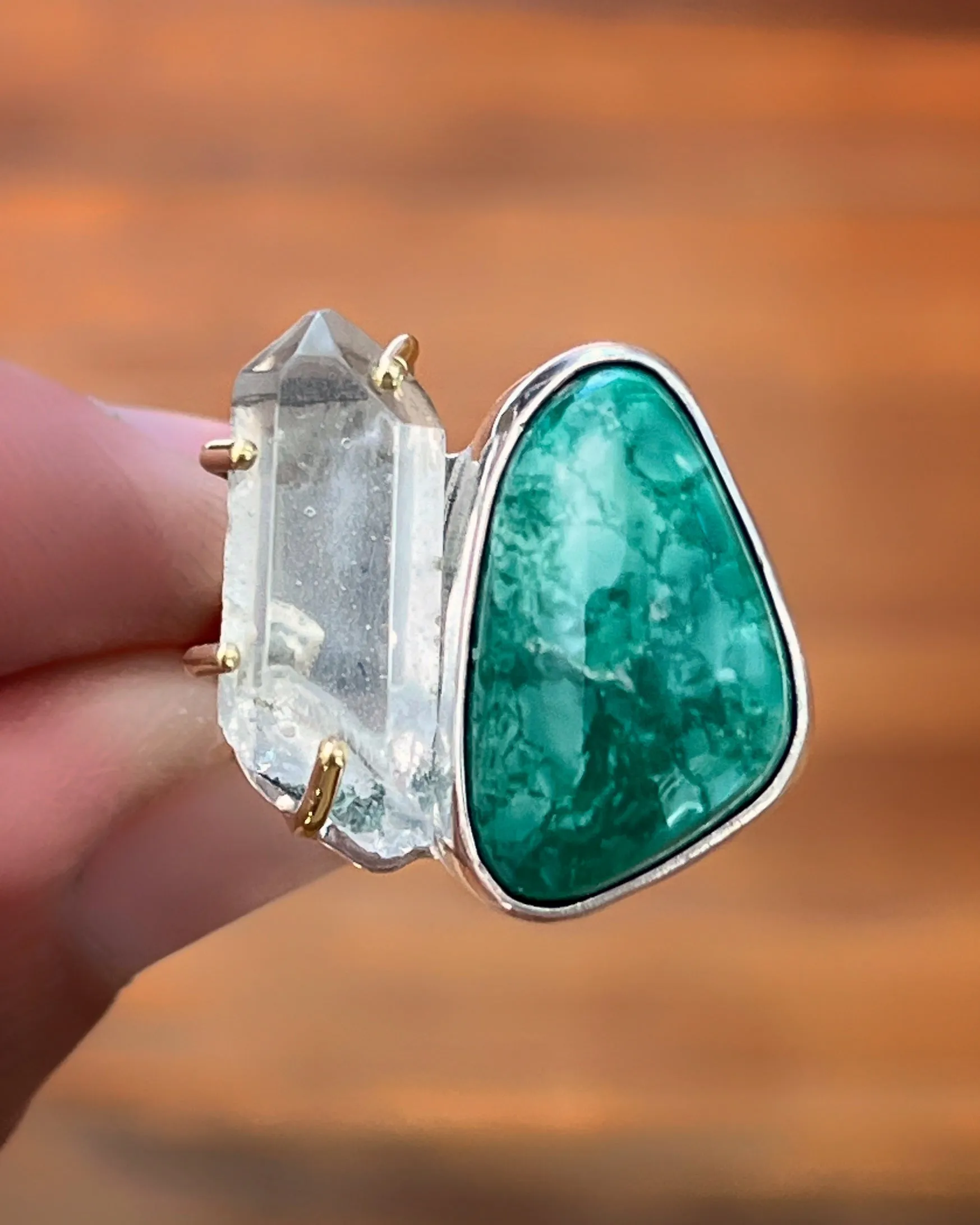 Turquoise & quartz ring in silver & brass (sizes 4-3/4 to 7-1/4)