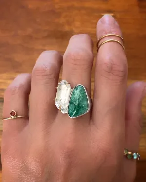 Turquoise & quartz ring in silver & brass (sizes 4-3/4 to 7-1/4)