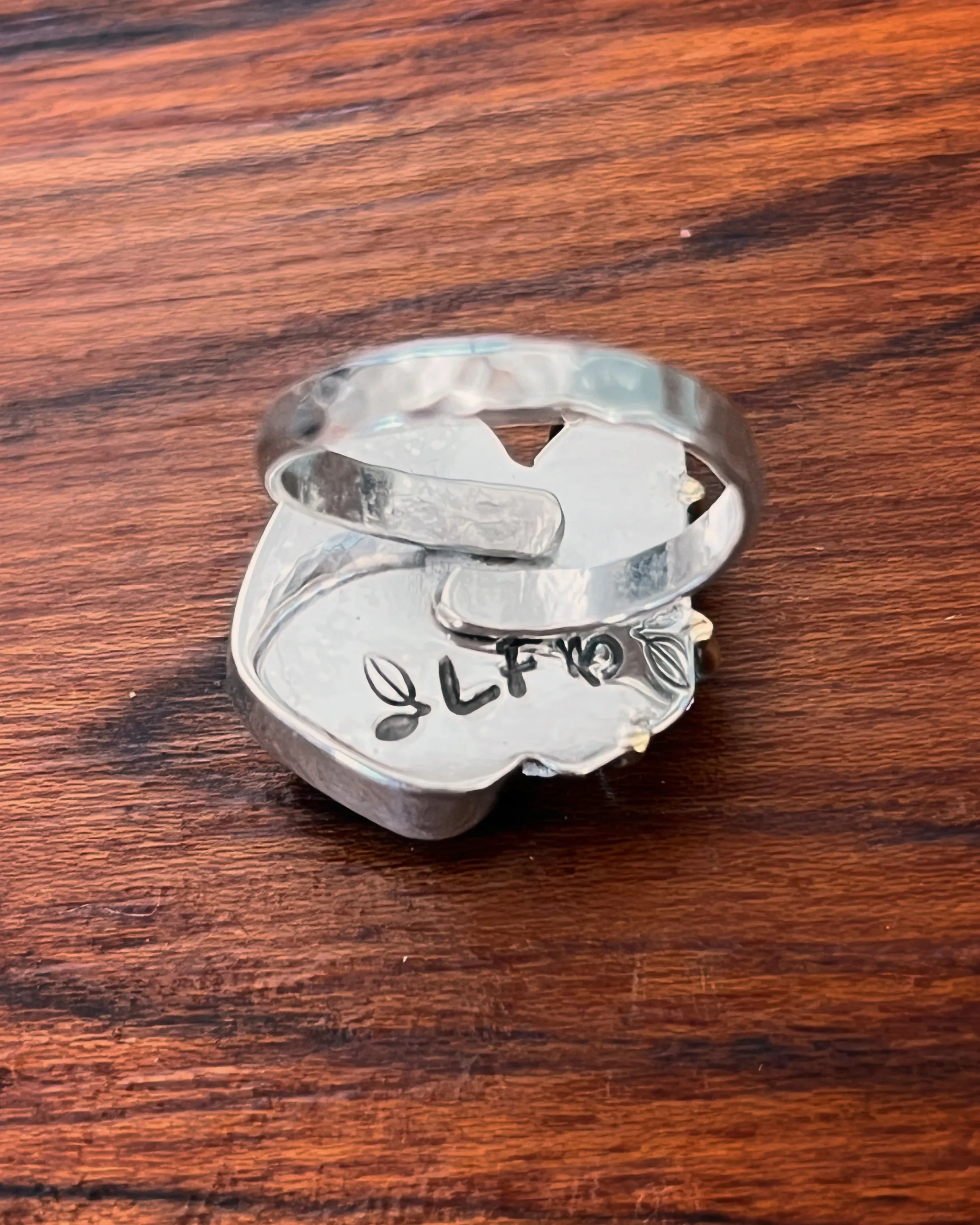 Turquoise & quartz ring in silver & brass (sizes 4-3/4 to 7-1/4)