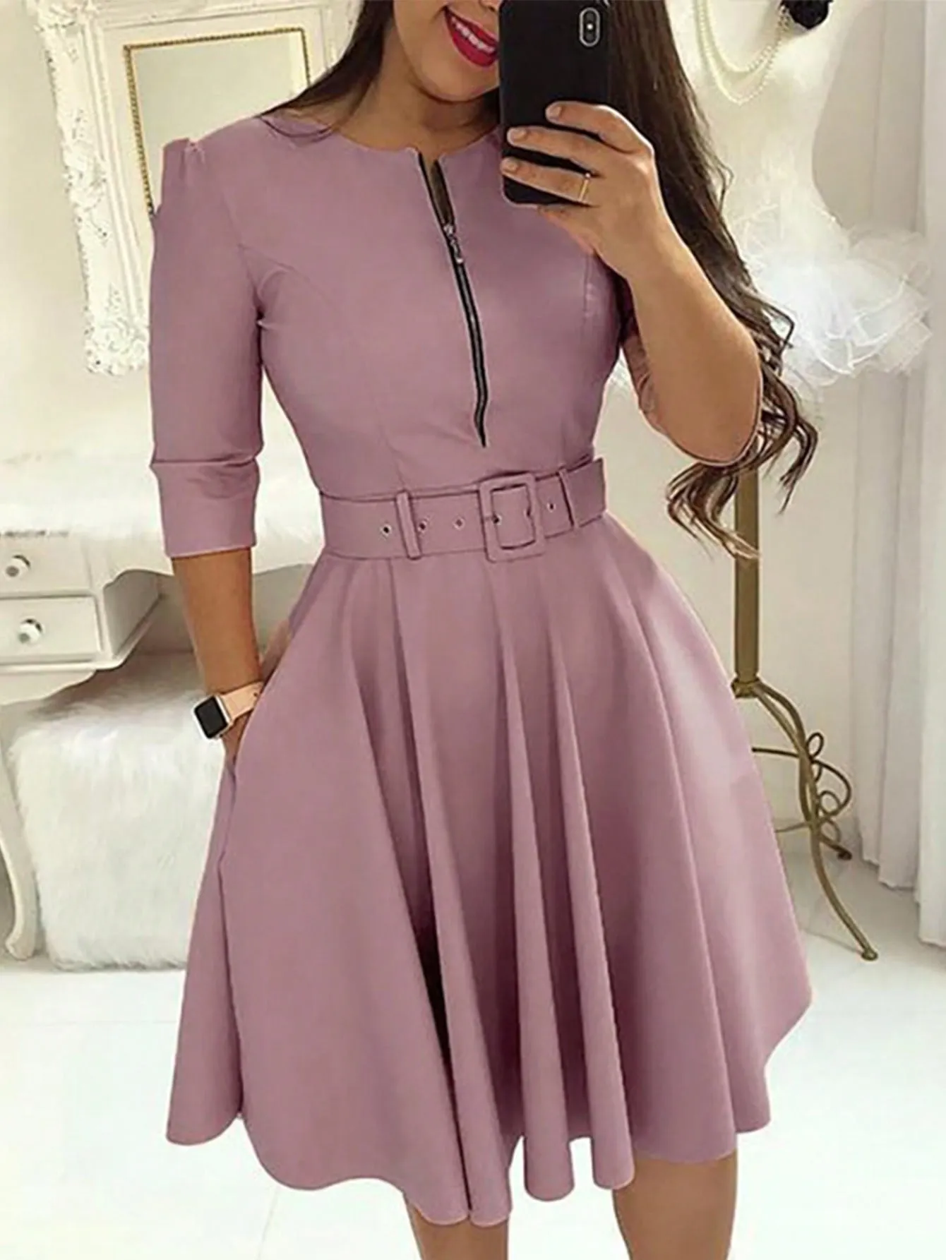 Vestido midi ajustado con cremallera y cinturón
