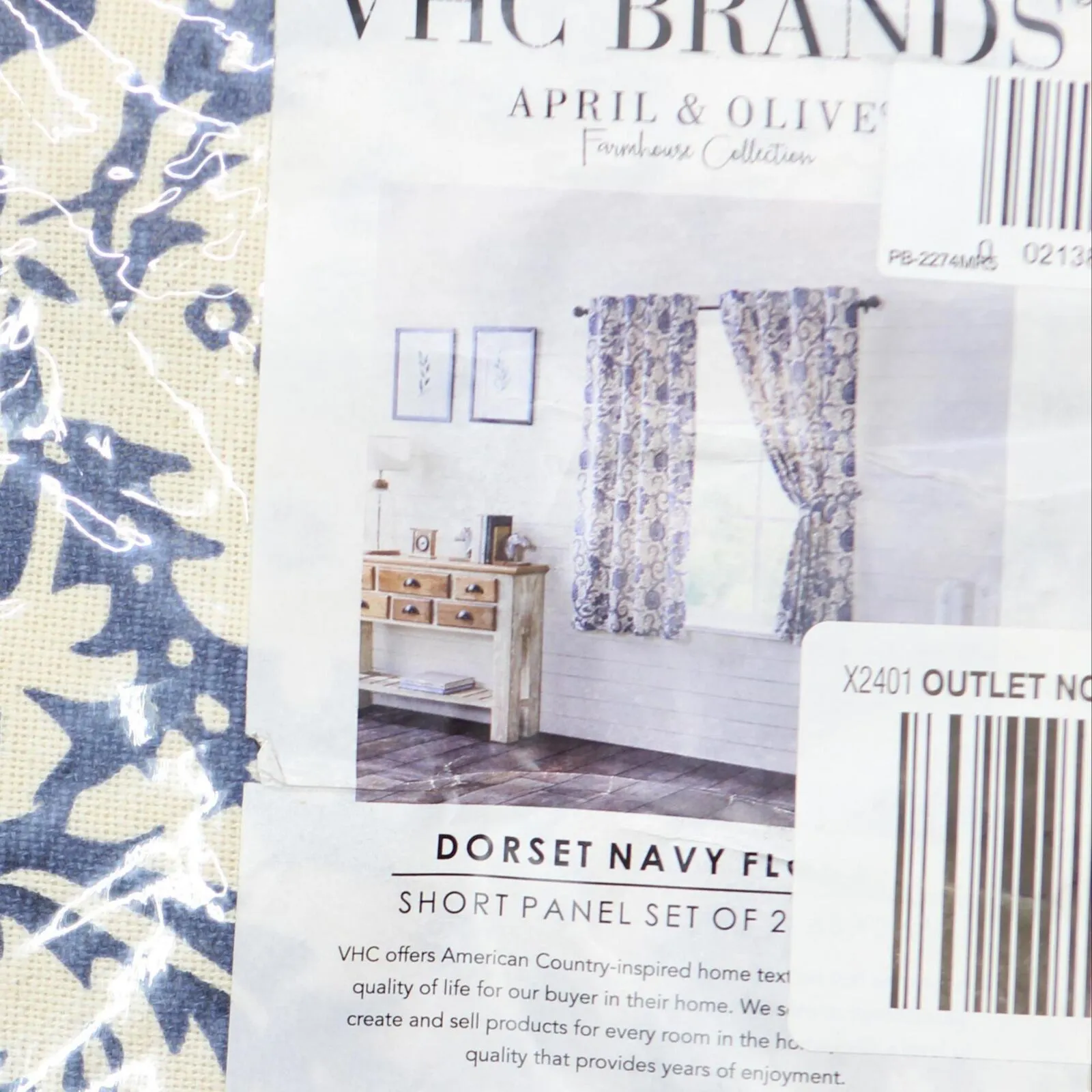 Vhc  Panels Dorset Floral Farmhouse Set of 2 Window Curtain Navy Blue 63"x36"