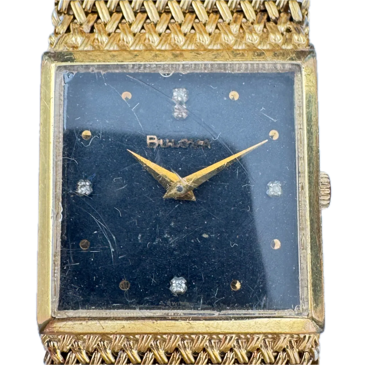 Vintage 1978 Bulova Black & Diamond Ladies Quartz Wristwatch Swiss Gold Tone