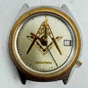 Vintage 37.5mm 1977 Accutron Masonic Men's Tuning Fork Wristwatch USA Gold Tone