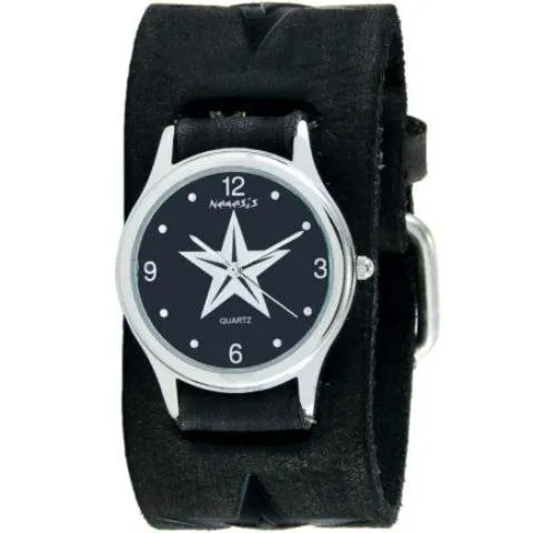 Vintage Star Black Watch with Embossed Star Distressed Black Leather Cuff