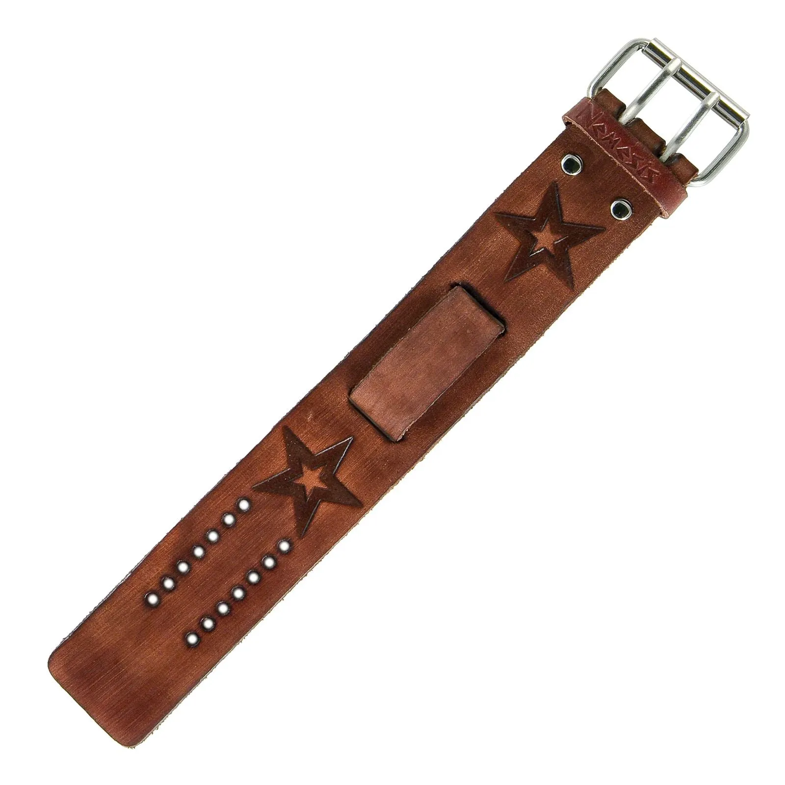 Vintage Star Silver Watch with Embossed Star Distressed Brown Leather Cuff