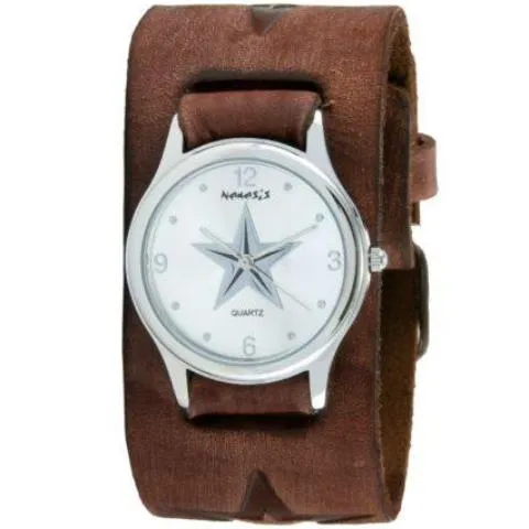 Vintage Star Silver Watch with Embossed Star Distressed Brown Leather Cuff
