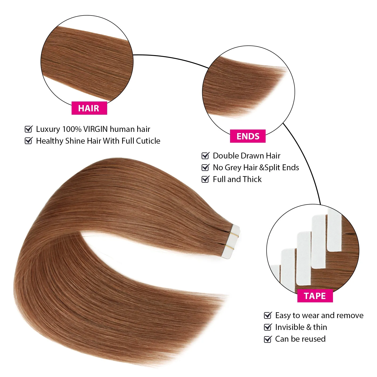 Virgin Invisible Tape in Hair Extensions Dark Auburn #33