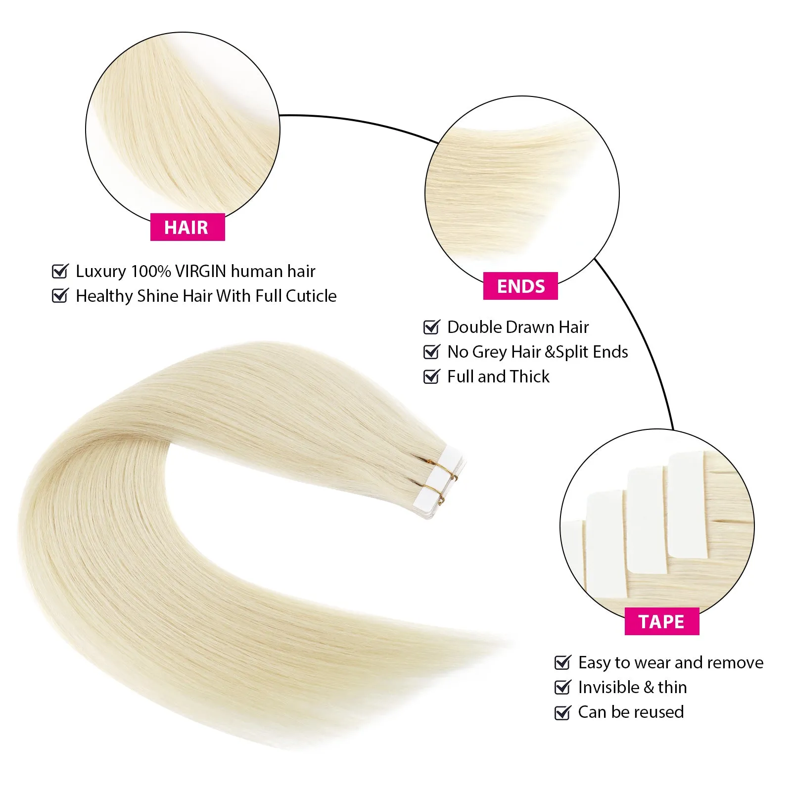 Virgin Invisible Tape in Hair Extensions Icy Blonde #1008