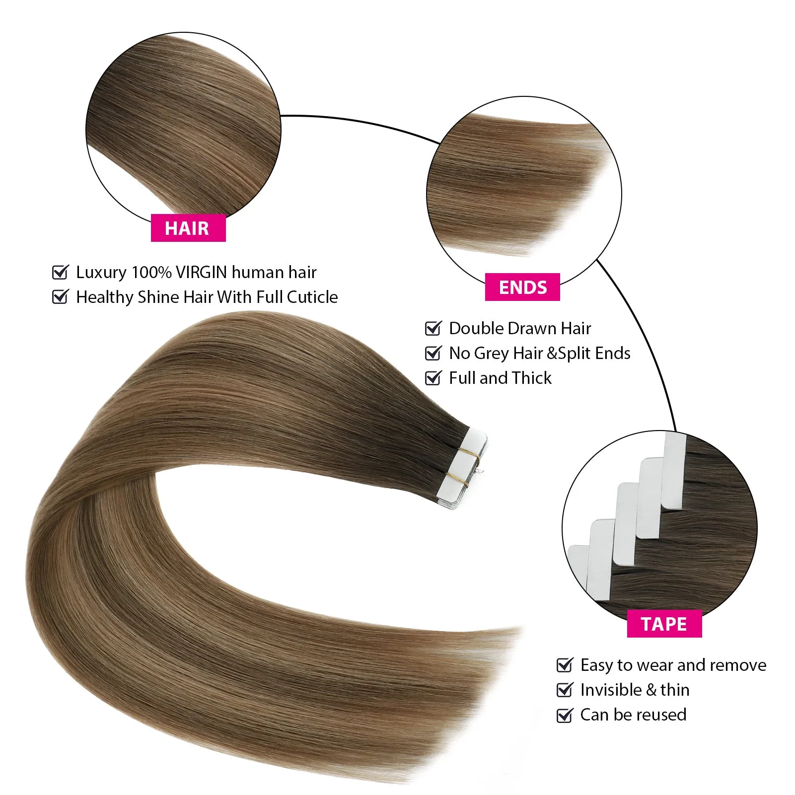 Virgin Invisible Tape in Hair Extensions Rooted Highlight R2-P4/27#