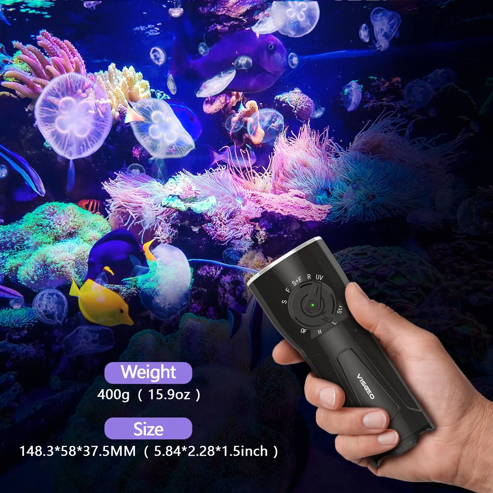 Visgeo Scuba Diving Light, Mini Diving flalight for Real 6500LM Equip with 10000mAh Rechargeable Batteries, 12 Light Modes 3 Light Sources 150m Underwater for Scuba Diving, Night Diving