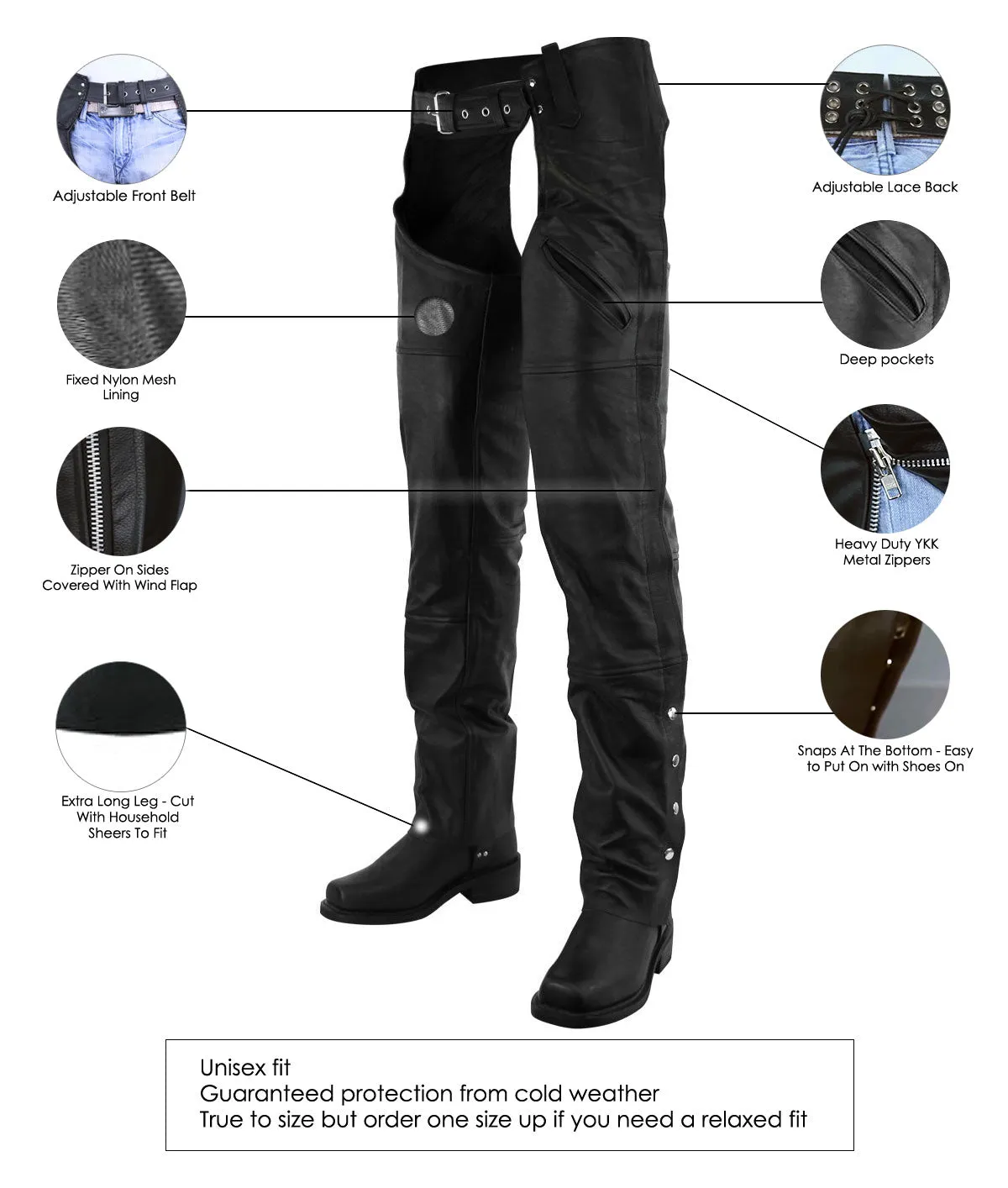 VL812 Premium Cowhide Deep Pocket Leather Chaps
